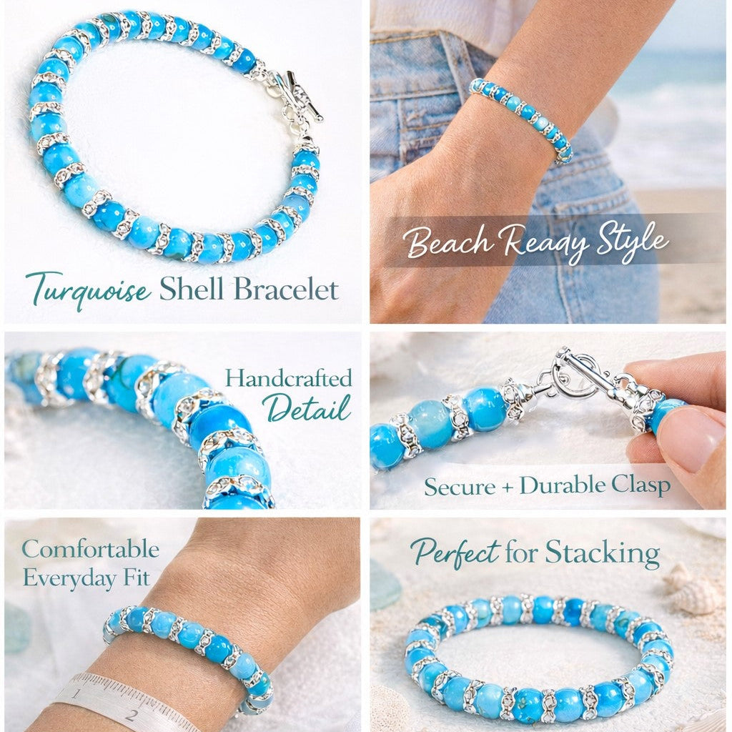 Blue Natural Shell Stone Wire-Wrapped Toggle Bracelet