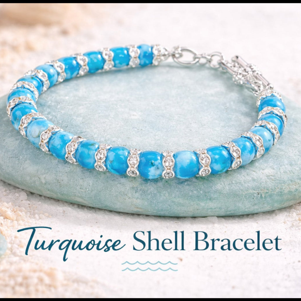 Blue Natural Shell Stone Wire-Wrapped Toggle Bracelet