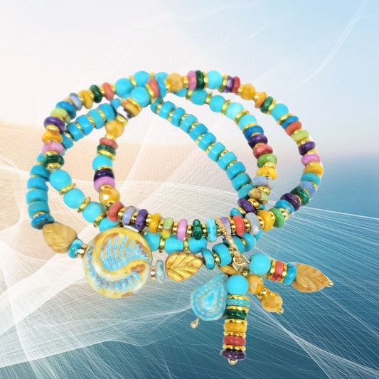 Boho Beaded Charm Bracelet, Blue Beaded Stretch Bracelet