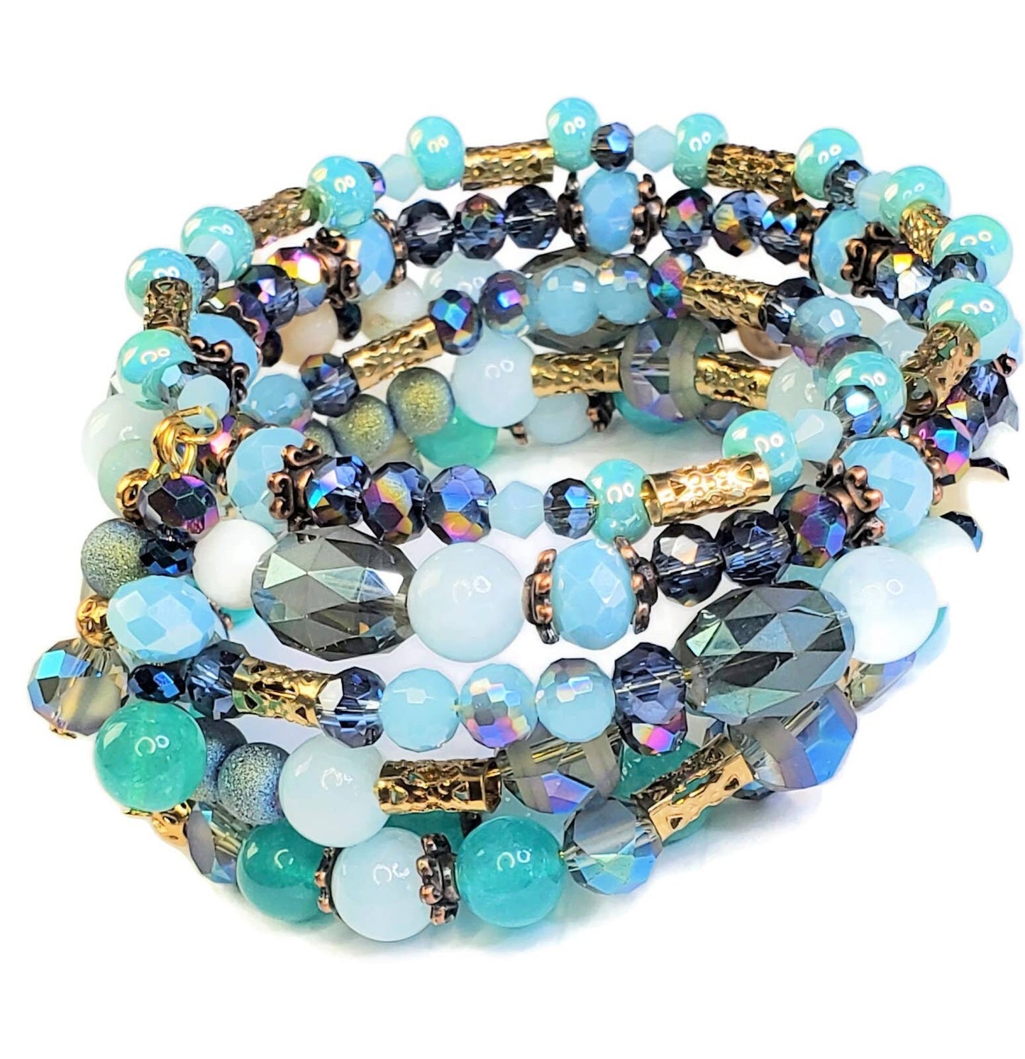 Crystal Quartz Amazonite Memory Wire Wrap Cuff Bangle Bracelet Blue & Teal Bracelet for Women