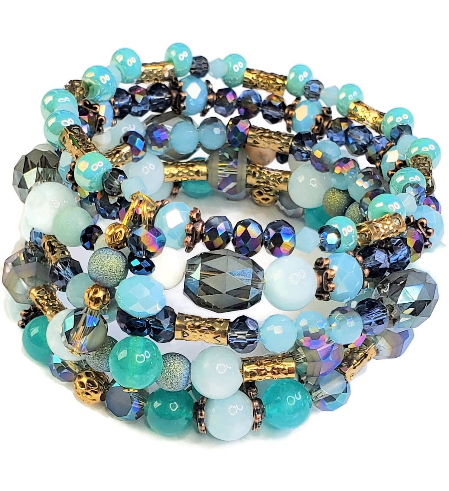 Crystal Quartz Amazonite Memory Wire Wrap Cuff Bangle Bracelet Blue & Teal Bracelet for Women