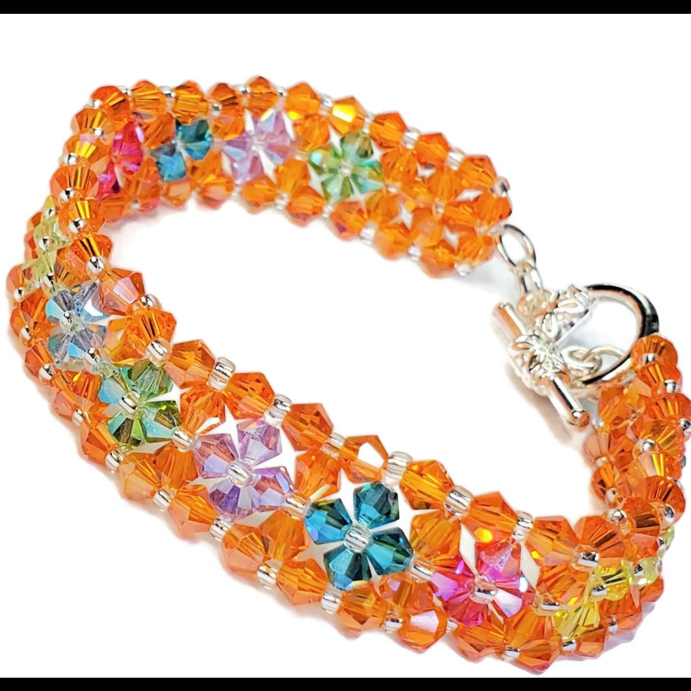 Crystal Bracelet Orange Bracelet Hand-crafted Preciosa Crystal Bicone Flower Bracelet Beaded Bracelet Rainbow Jewelry