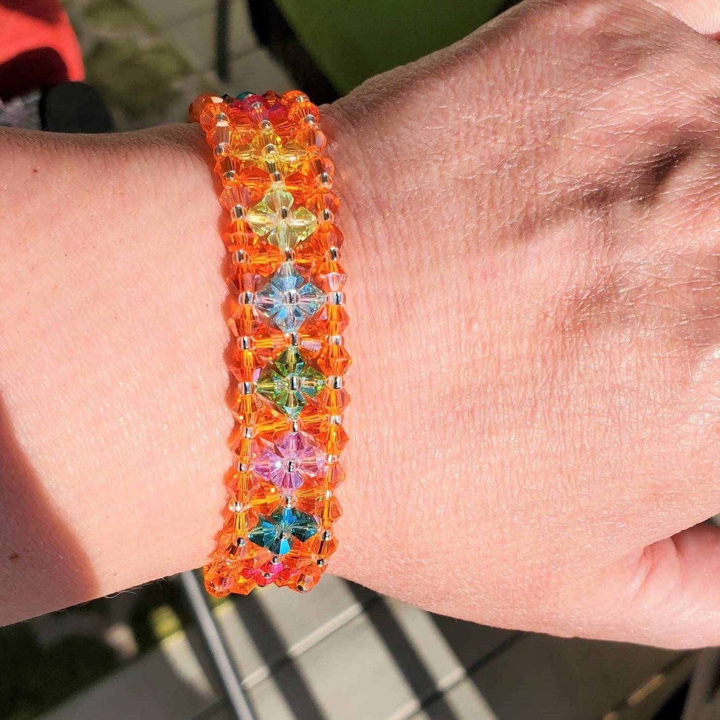 Crystal Bracelet Orange Bracelet Hand-crafted Preciosa Crystal Bicone Flower Bracelet Beaded Bracelet Rainbow Jewelry