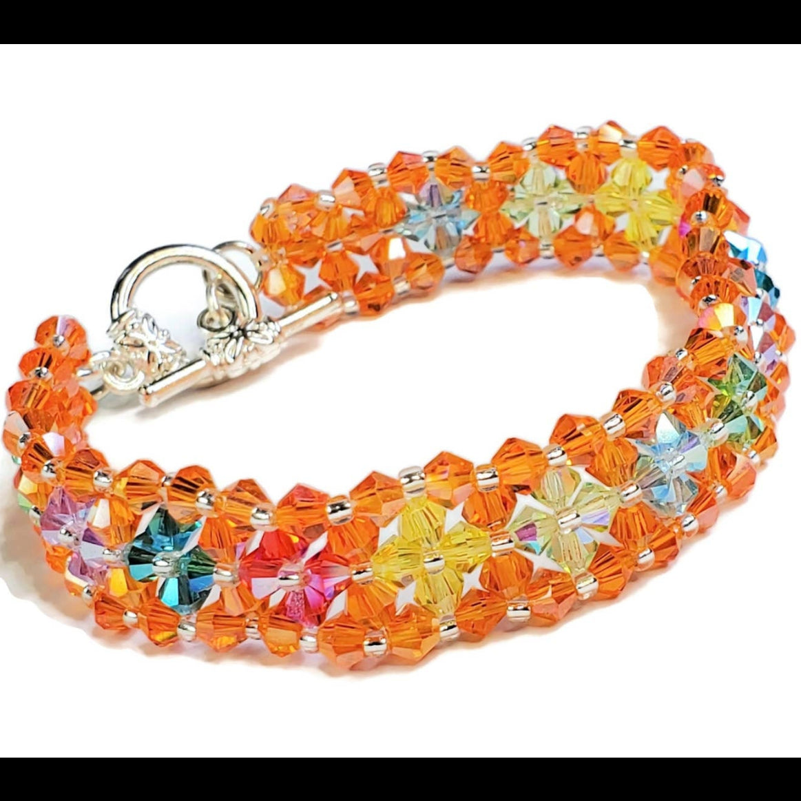 Crystal Bracelet Orange Bracelet Hand-crafted Preciosa Crystal Bicone Flower Bracelet Beaded Bracelet Rainbow Jewelry