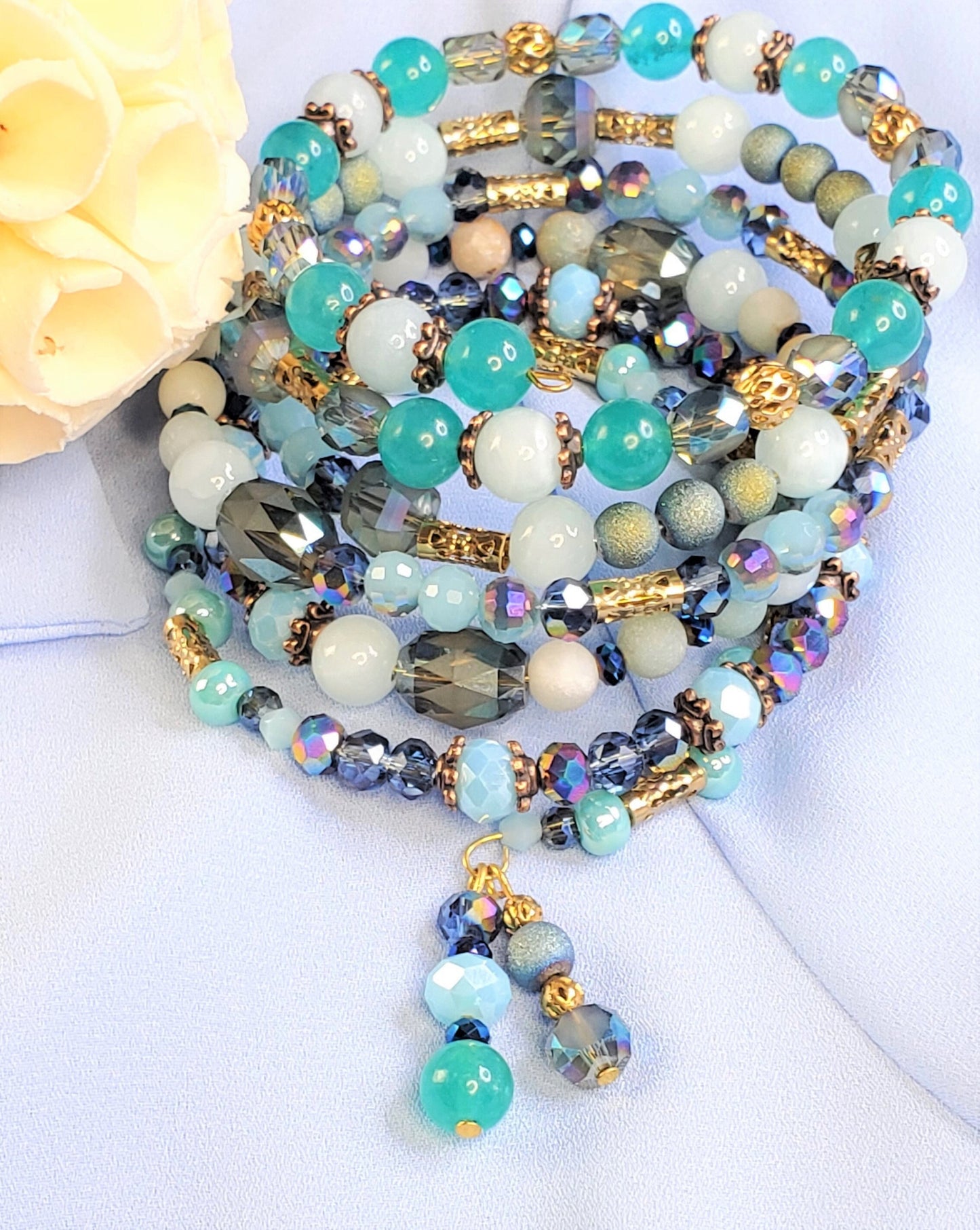 Crystal Quartz Amazonite Memory Wire Wrap Cuff Bangle Bracelet Blue & Teal Bracelet for Women