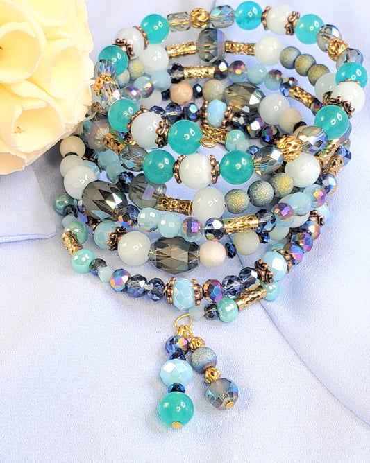 Crystal Quartz Amazonite Memory Wire Wrap Cuff Bangle Bracelet Blue & Teal Bracelet for Women