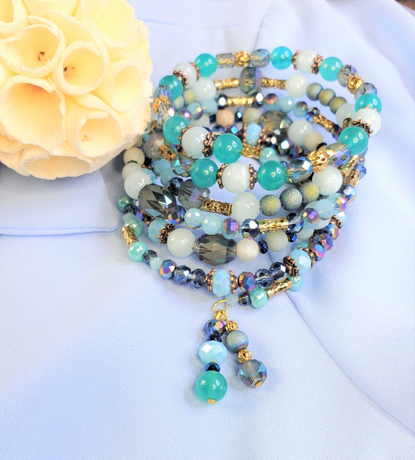 Crystal Quartz Amazonite Memory Wire Wrap Cuff Bangle Bracelet Blue & Teal Bracelet for Women