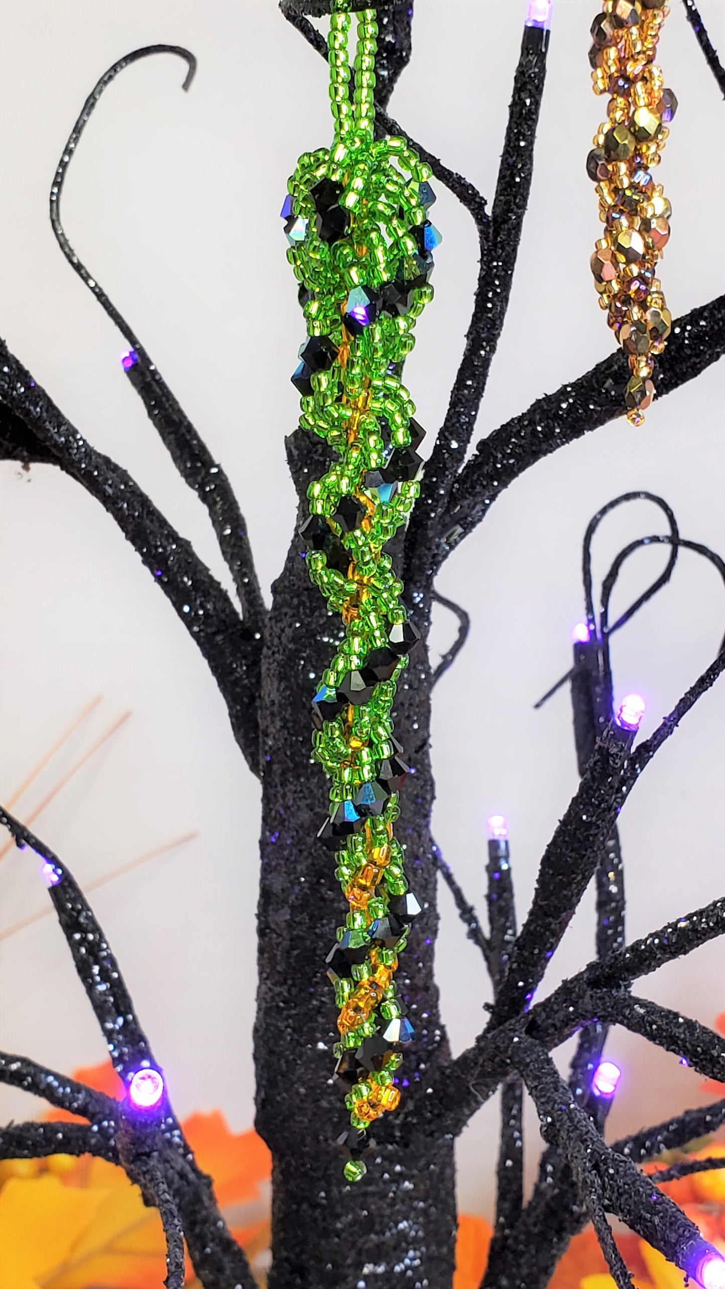 Halloween Green & Black Crystal Icicle Tree Ornament Fall Decor Beaded Tree Ornament Spiral Tree Ornament