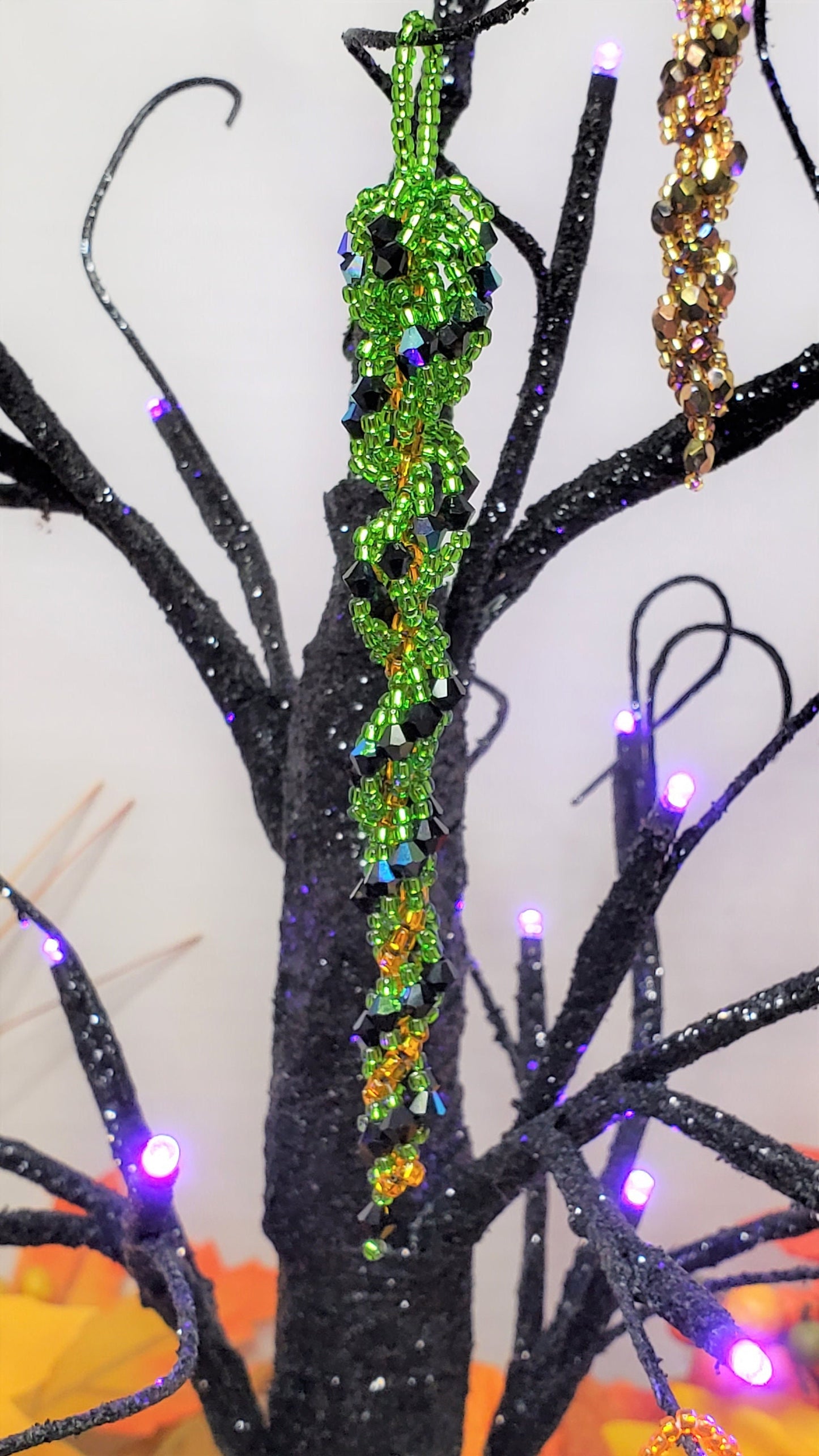 Halloween Green & Black Crystal Icicle Tree Ornament Fall Decor Beaded Tree Ornament Spiral Tree Ornament