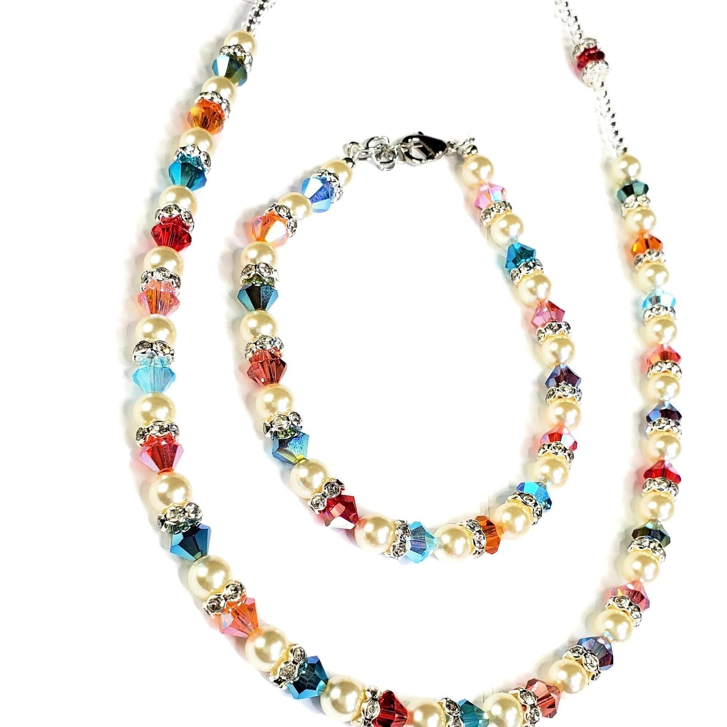 Multi Rainbow Color Crystal Beaded Pearl Necklace and Bracelet Set Wedding Jewelry