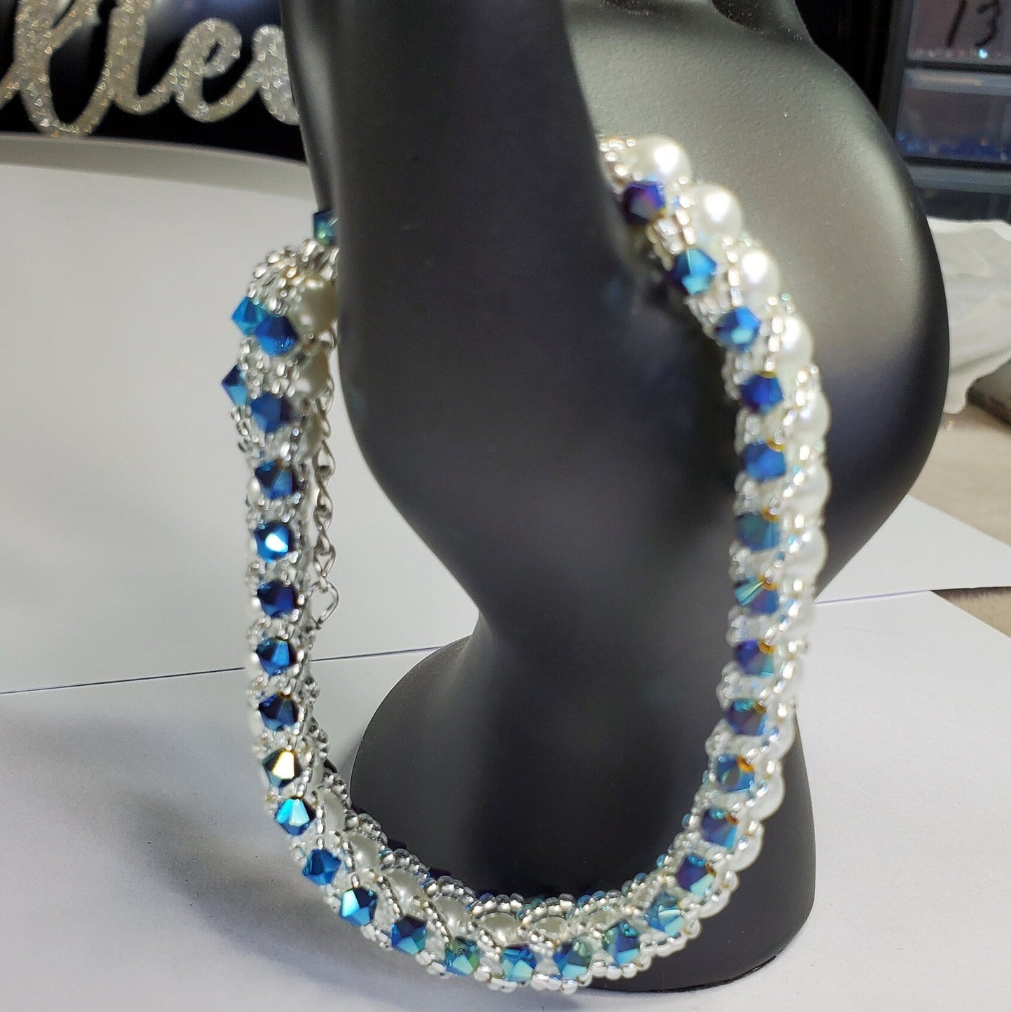 Blue Crystal and Glass Pearl Beaded Bracelet Wedding Bracelet