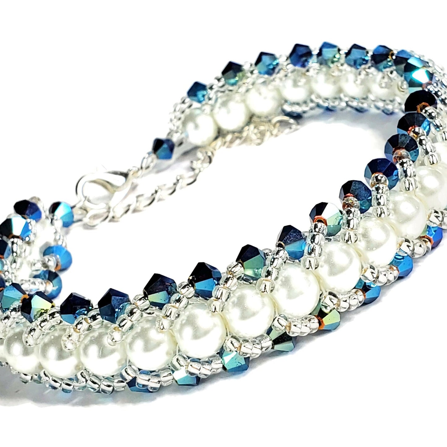 Blue Crystal and Glass Pearl Beaded Bracelet Wedding Bracelet
