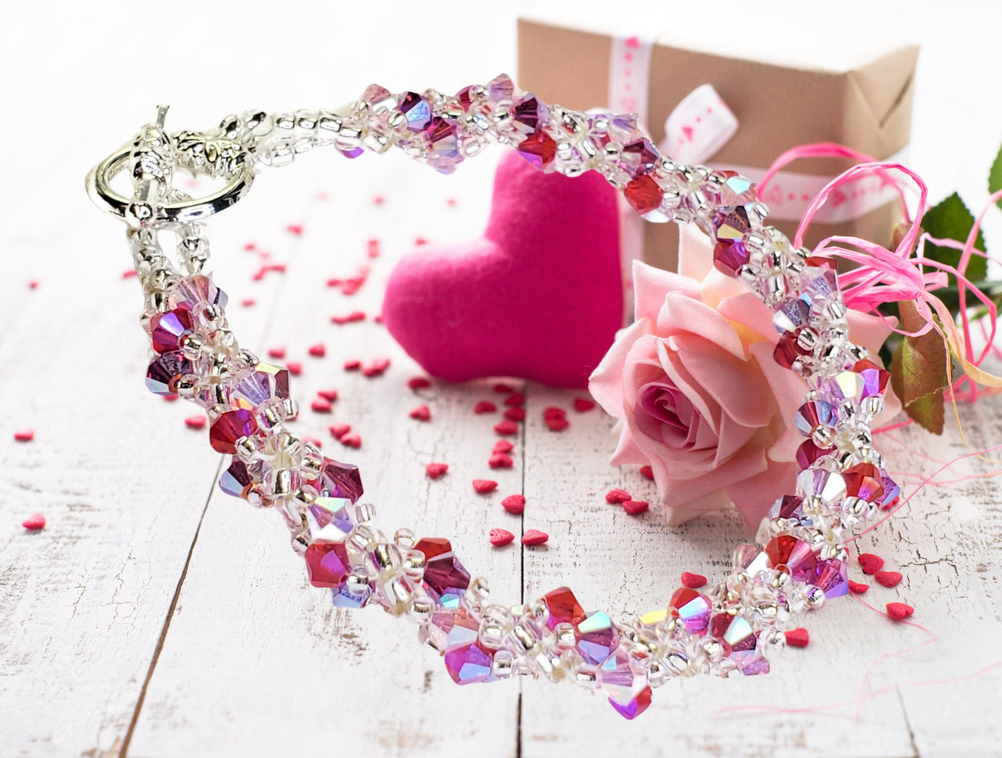 Valentines Day Pink Crystal Spiral Beaded Bracelet, Bracelet Spiral Beaded Bracelet