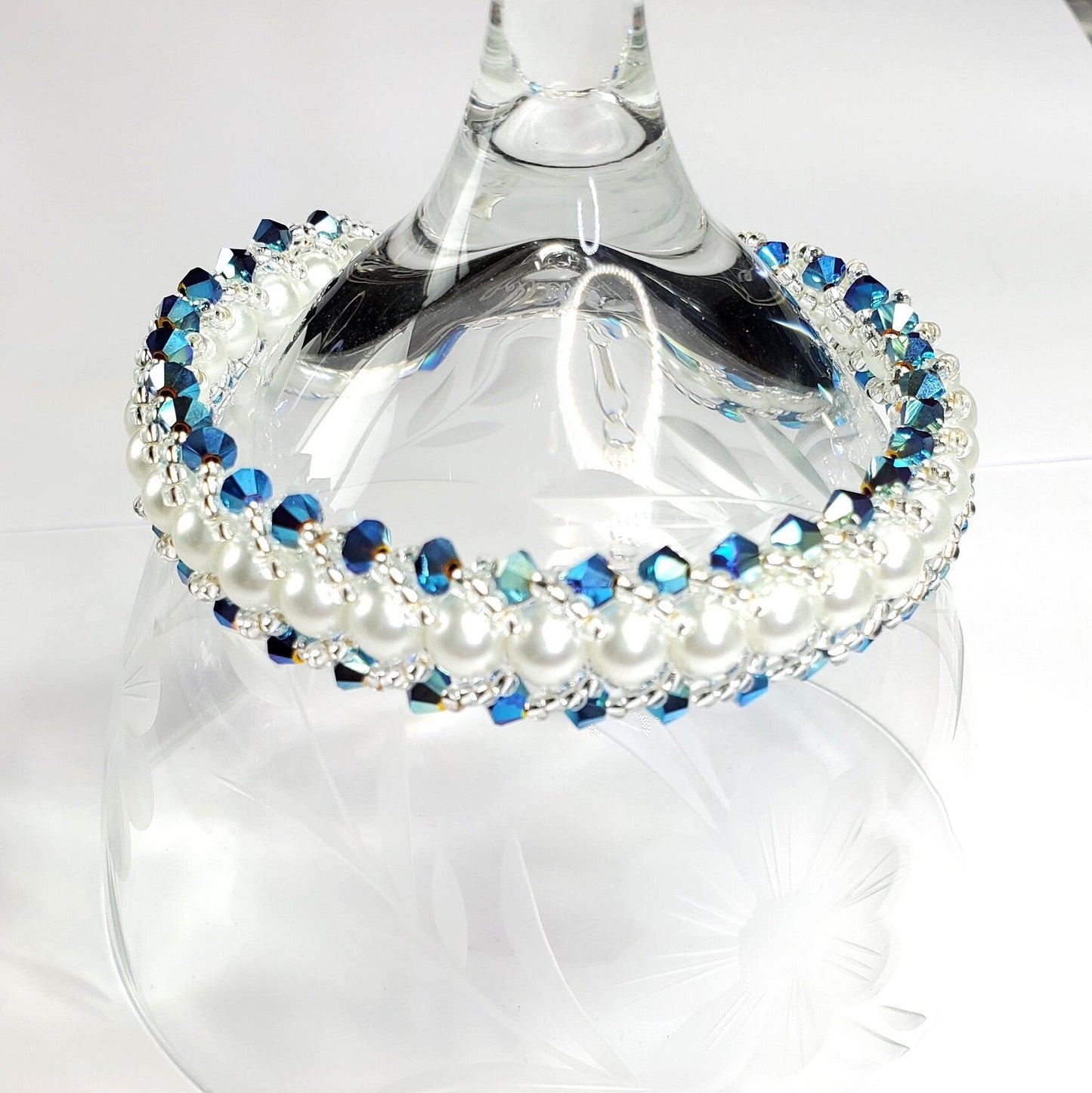 Blue Crystal and Glass Pearl Beaded Bracelet Wedding Bracelet