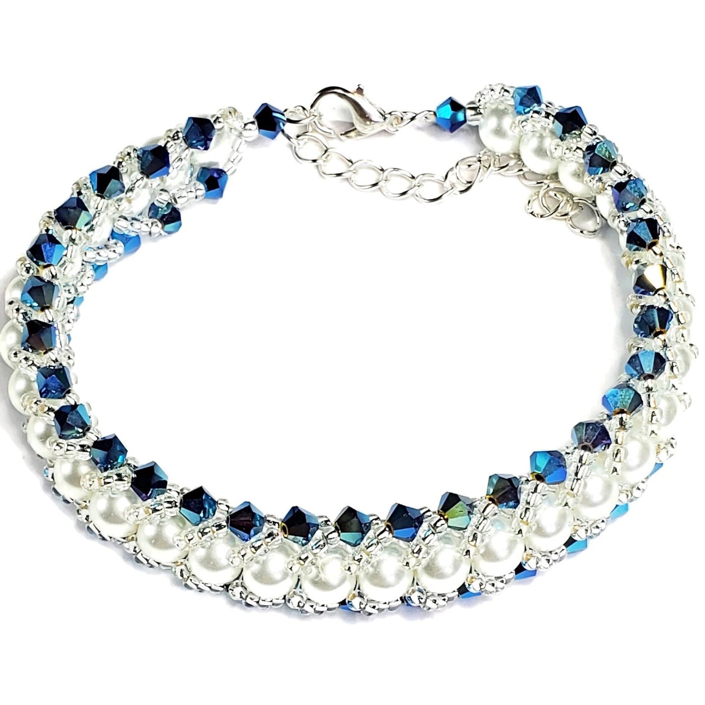 Blue Crystal and Glass Pearl Beaded Bracelet Wedding Bracelet