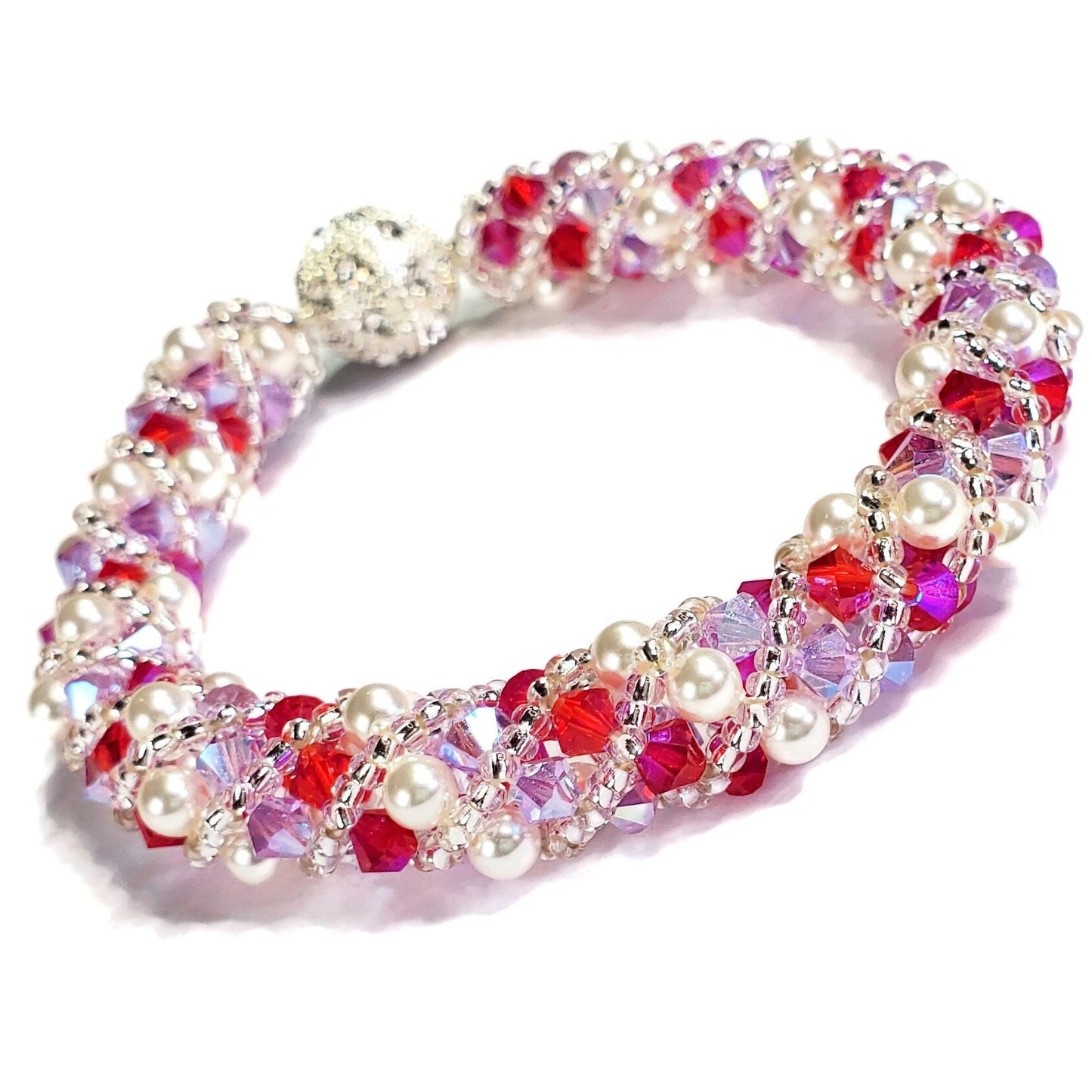 Valentines Day Fuchsia and Lavender White Pearl Crystal Bracelet
