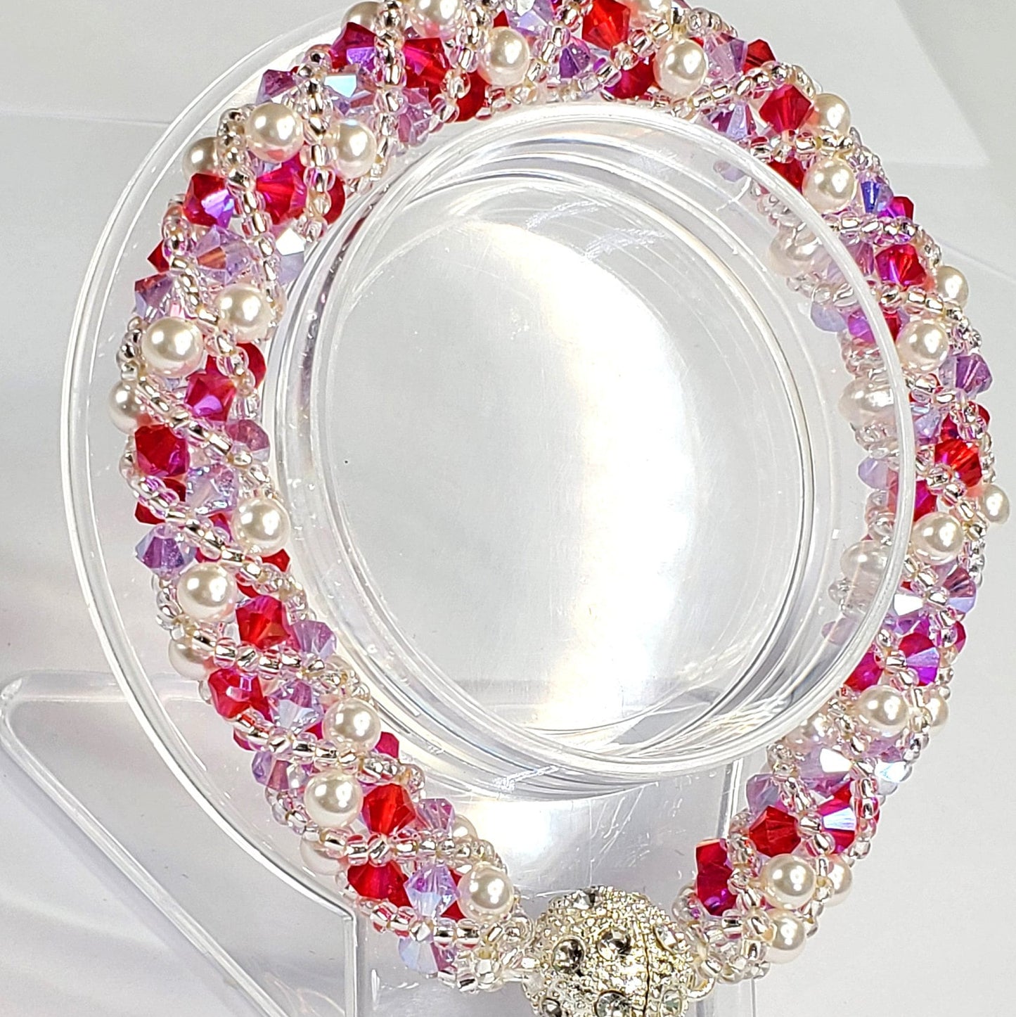 Valentines Day Fuchsia and Lavender White Pearl Crystal Bracelet