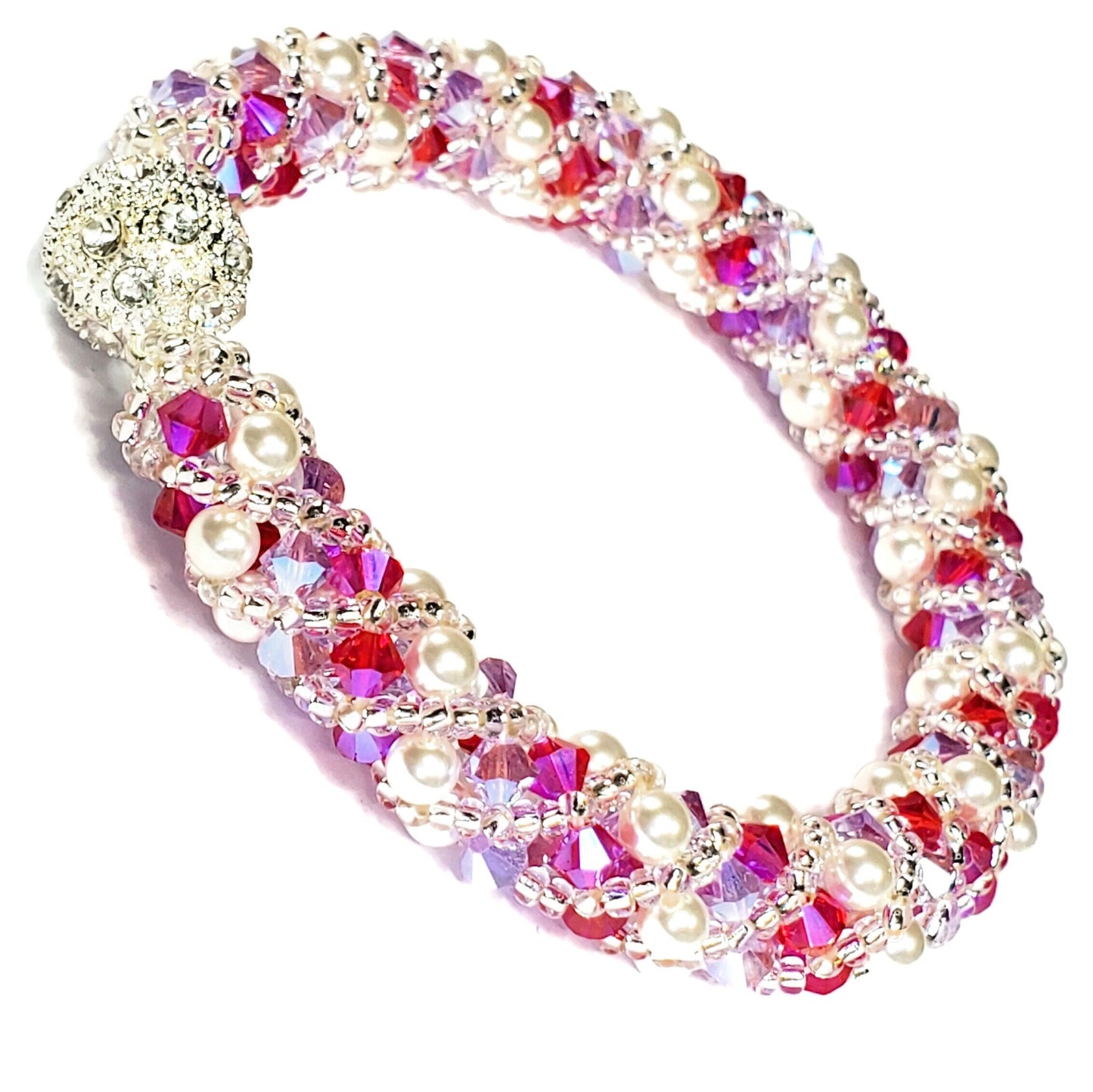 Valentines Day Fuchsia and Lavender White Pearl Crystal Bracelet