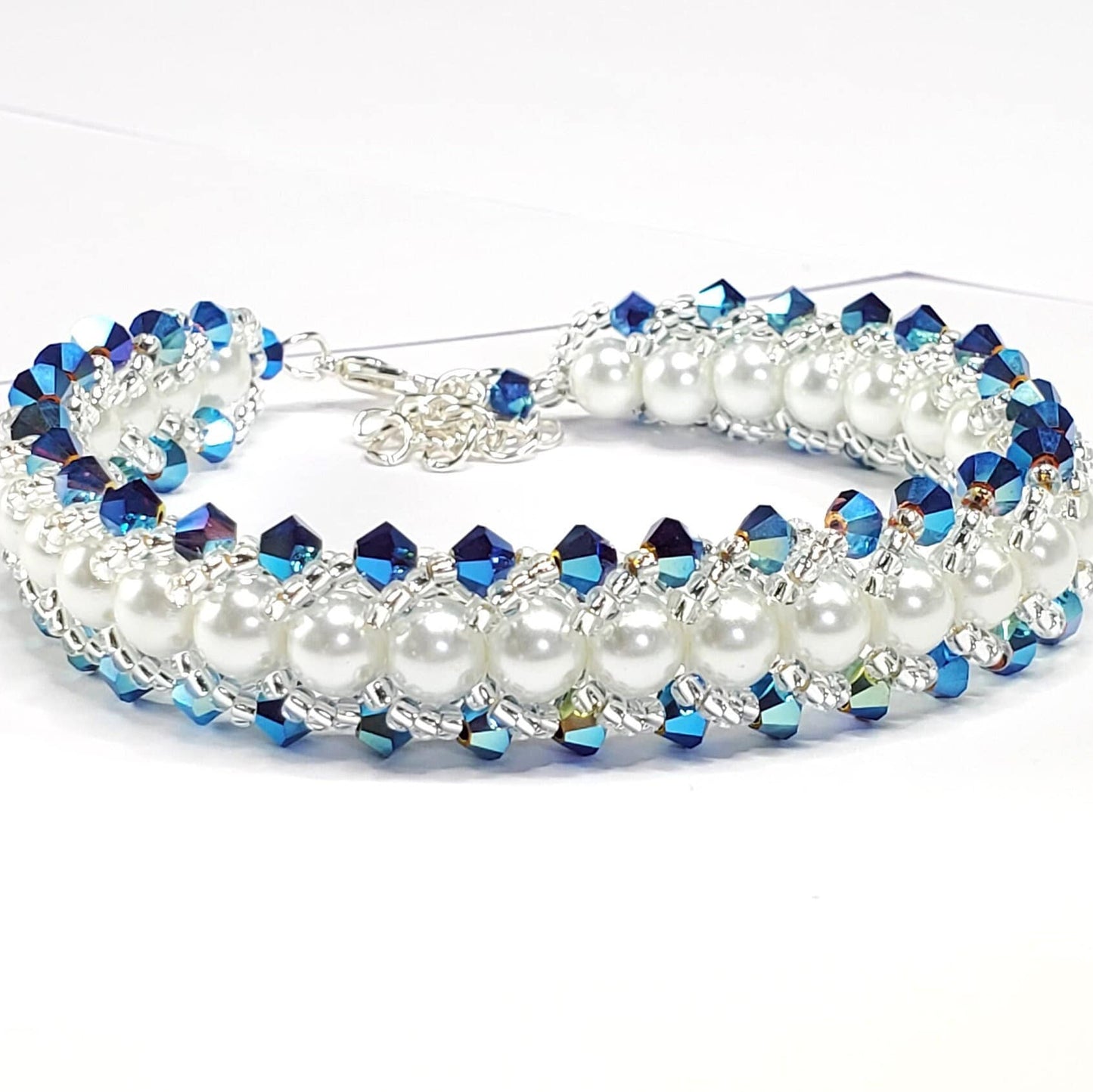 Blue Crystal and Glass Pearl Beaded Bracelet Wedding Bracelet