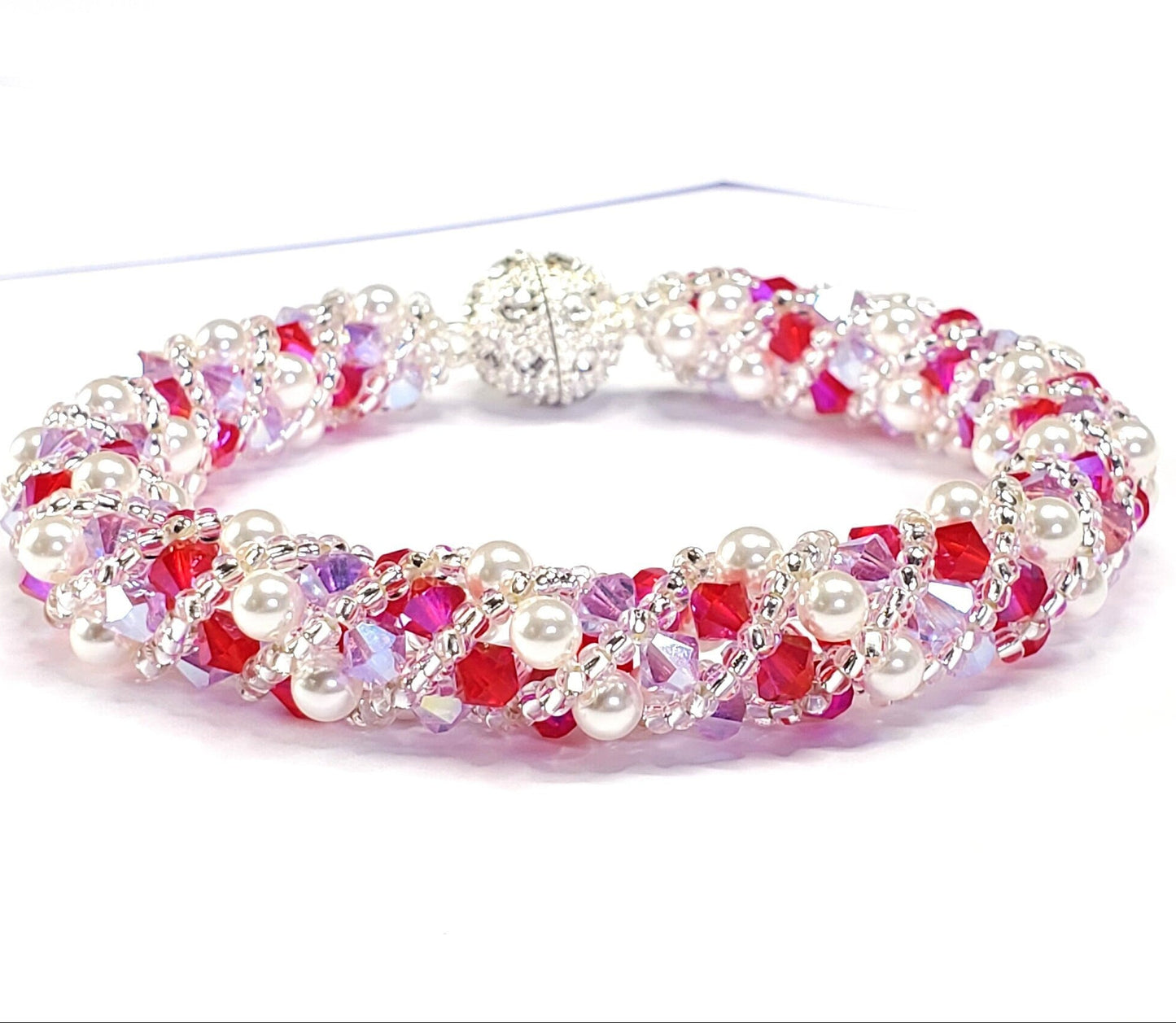 Valentines Day Fuchsia and Lavender White Pearl Crystal Bracelet