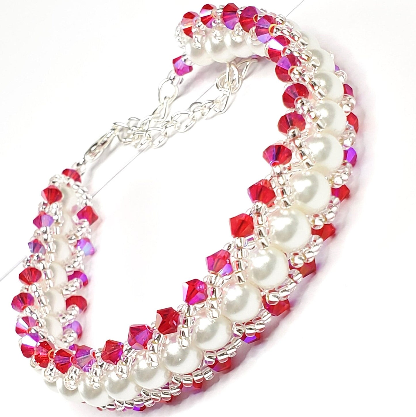 Fuchsia Crystals and White Glass Pearl Beaded Bracelet Valentines day