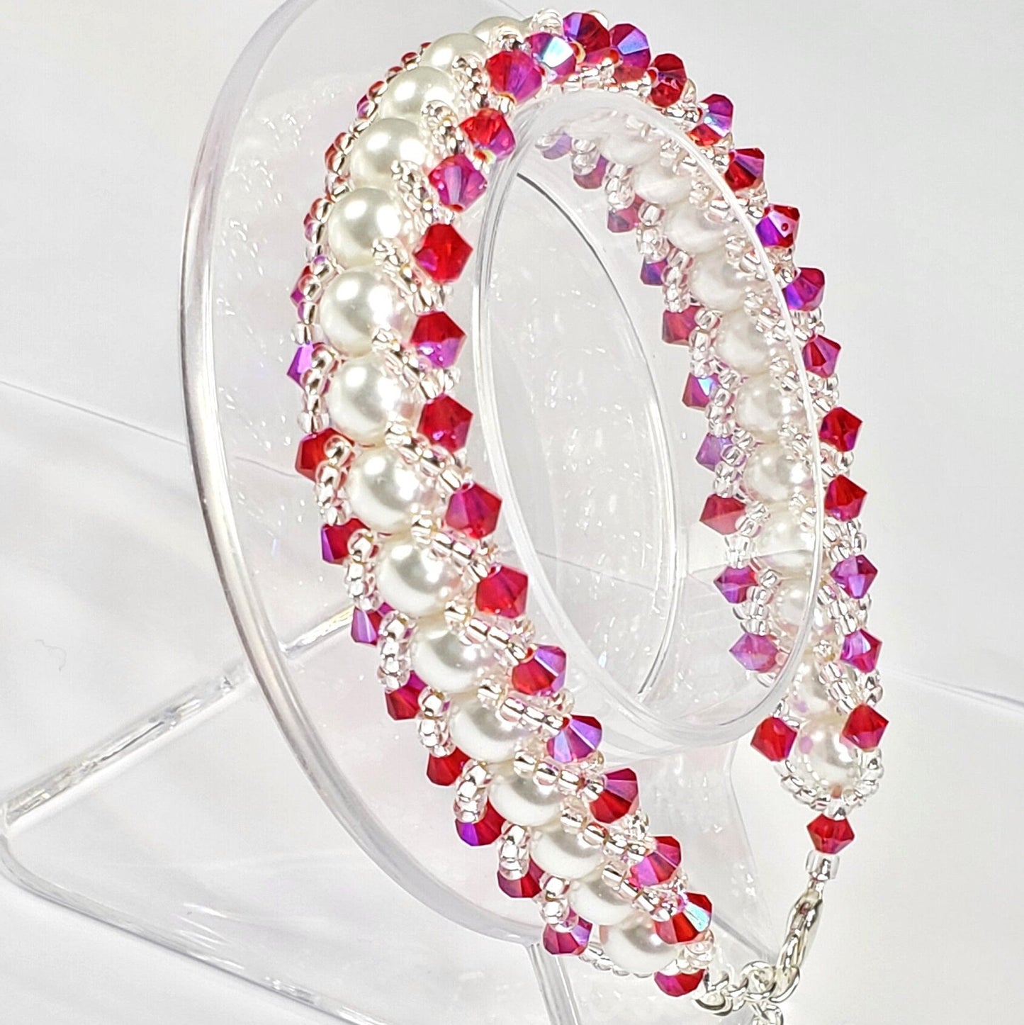 Fuchsia Crystals and White Glass Pearl Beaded Bracelet Valentines day