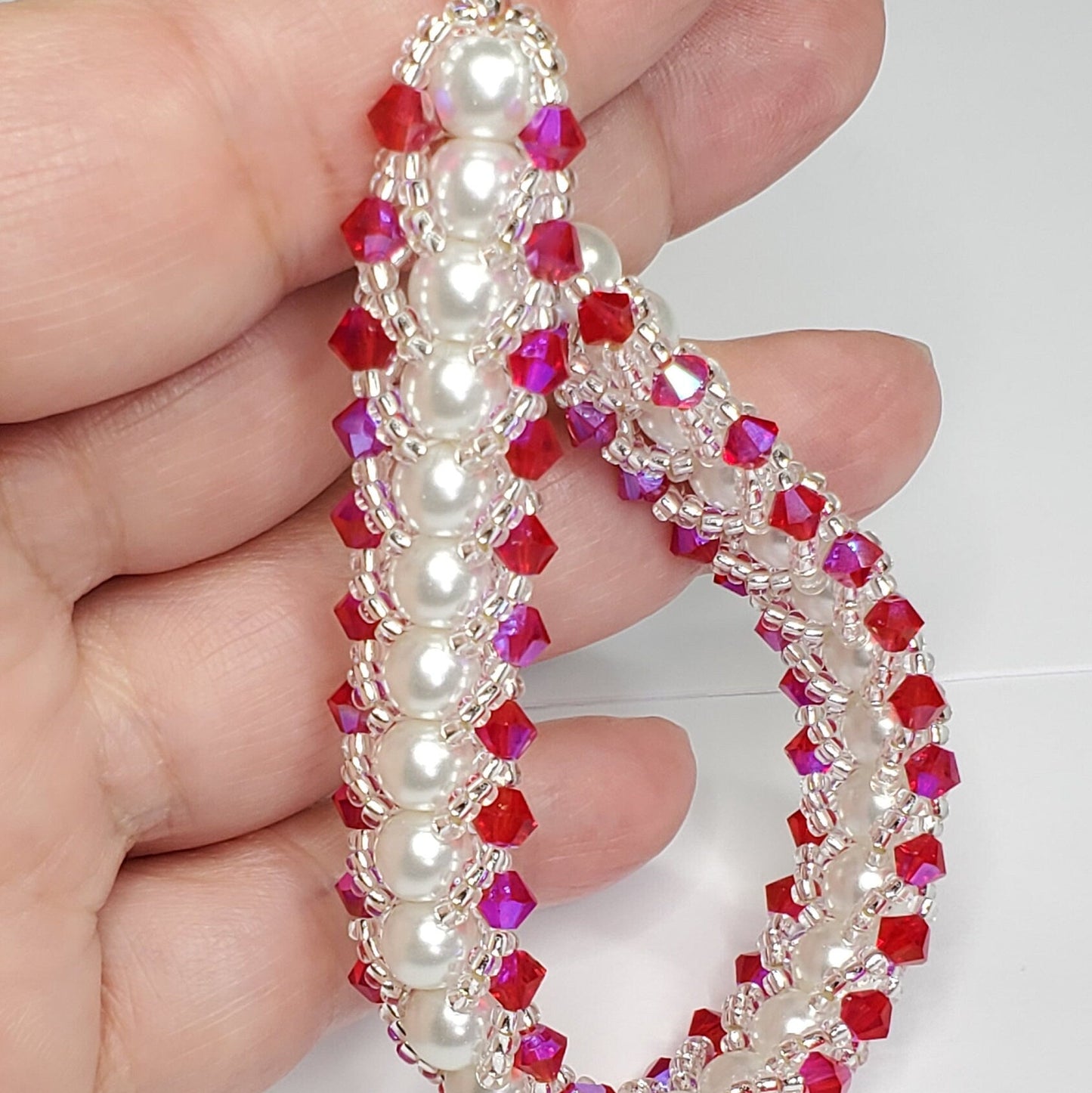 Fuchsia Crystals and White Glass Pearl Beaded Bracelet Valentines day