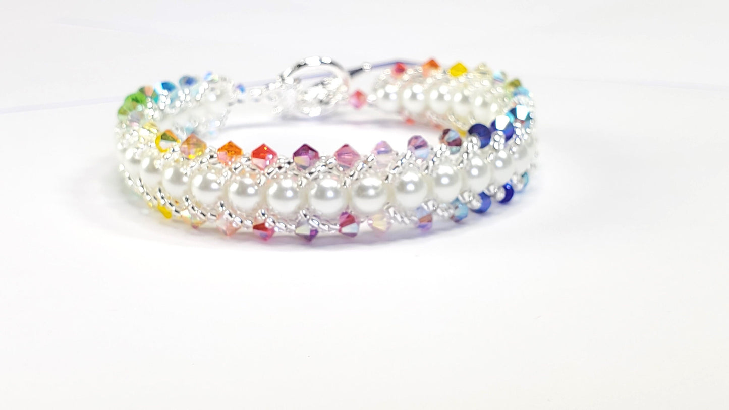 Multi Rainbow Preciosa Crystal and Glass Pearl Beaded Bracelet Flat Spiral Bracelet Wedding Bracelet