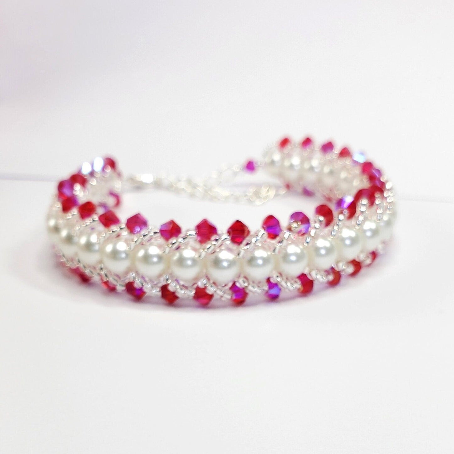 Fuchsia Crystals and White Glass Pearl Beaded Bracelet Valentines day