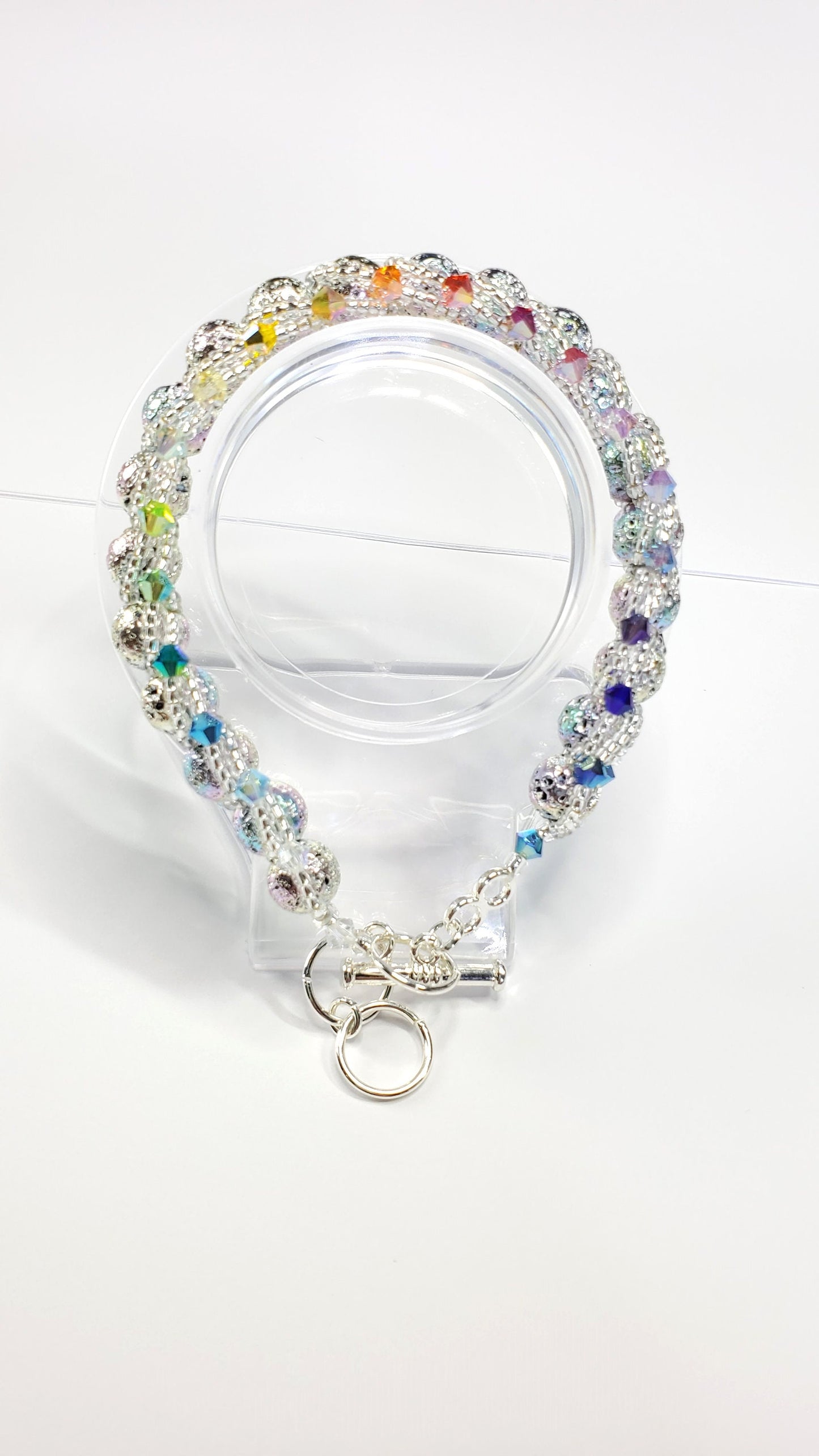 Rainbow Coated Natural Lave Stone Beaded adjustable Bracelet