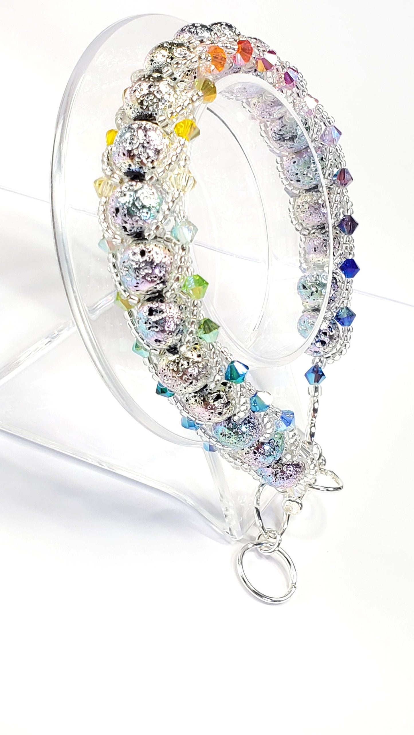 Rainbow Coated Natural Lave Stone Beaded adjustable Bracelet