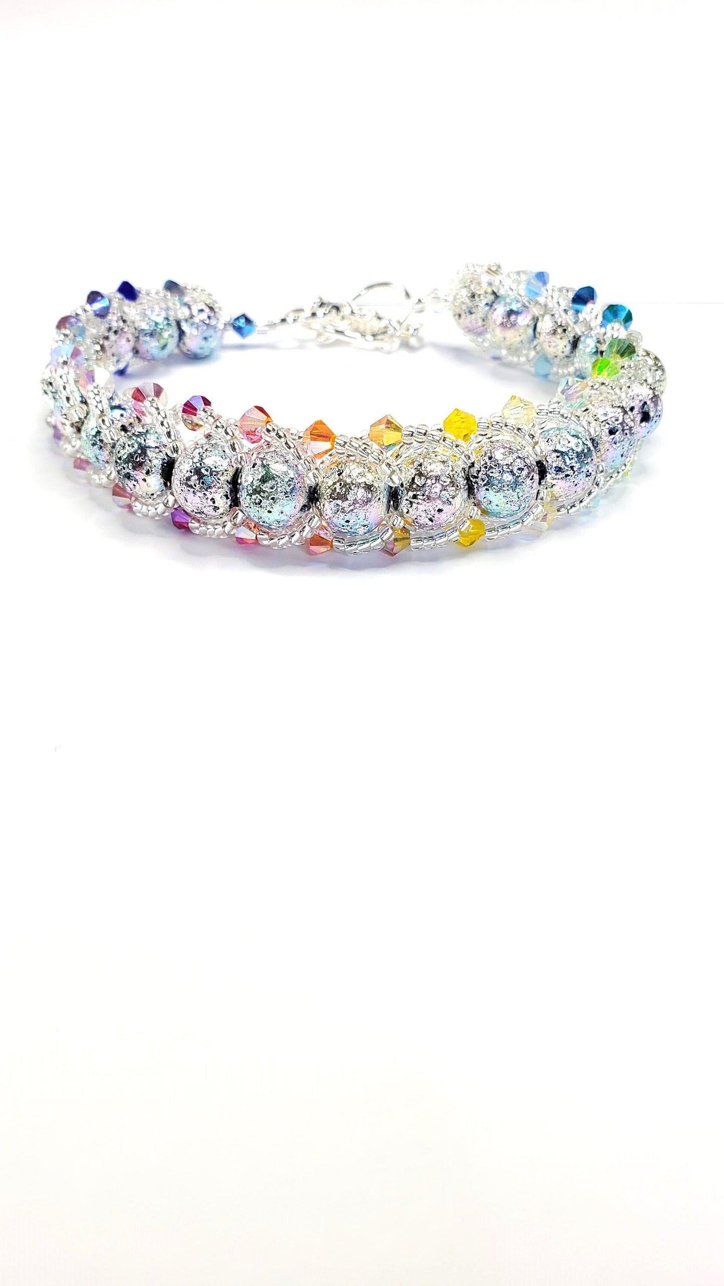 Rainbow Coated Natural Lave Stone Beaded adjustable Bracelet