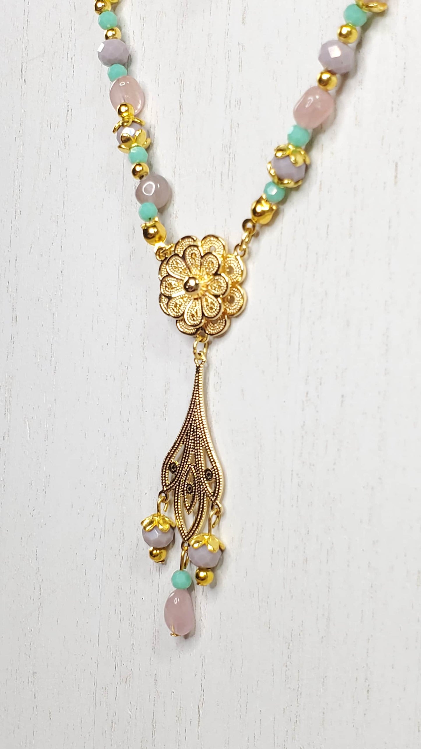 Rose Quartz Green Aventurine Magnetic Mix & Match Necklace/Bracelet  Five Way Necklace Set 18k Gold Plated Filigree Components