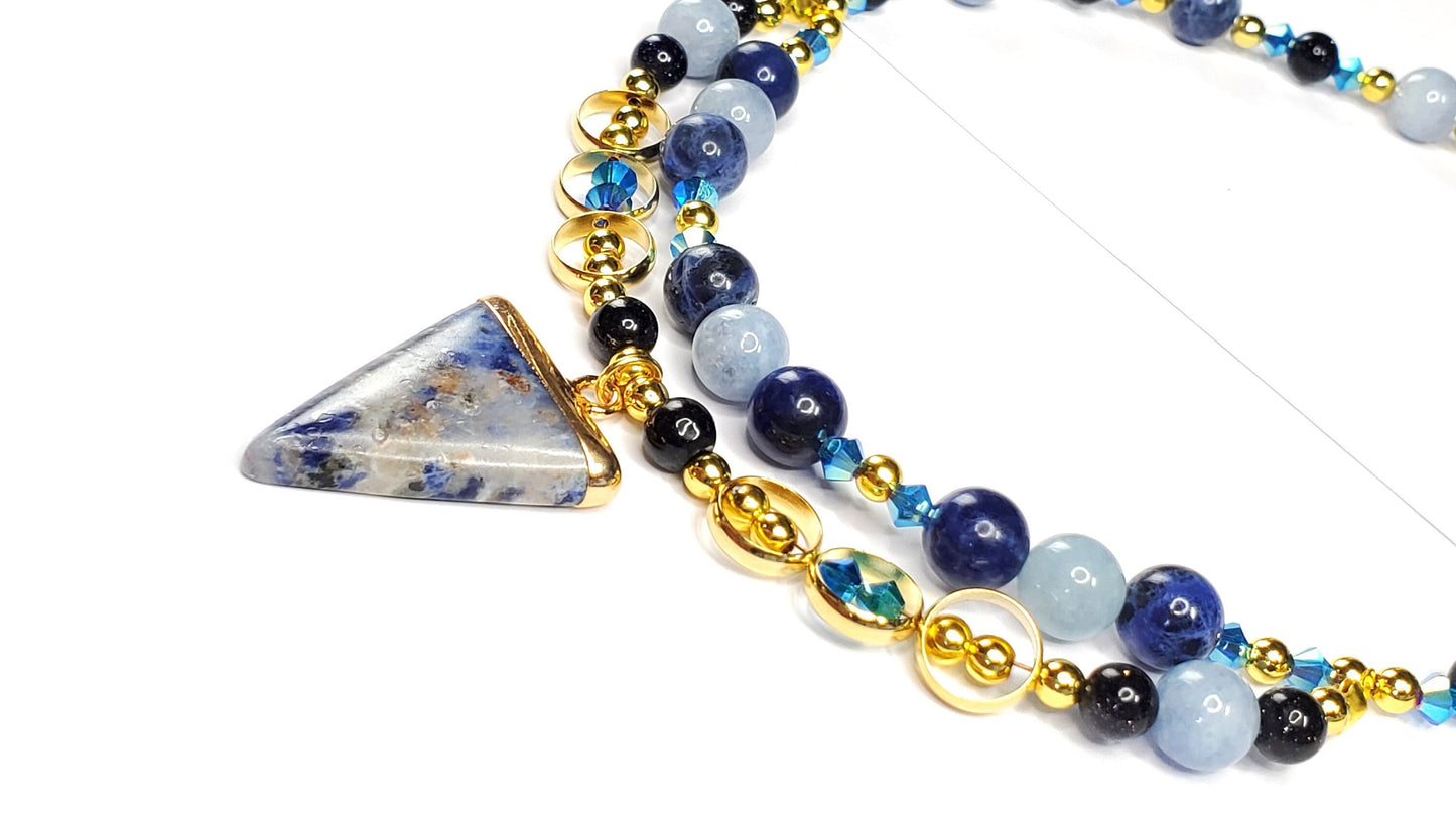 Sodalite and Agate Blue & Gold Gemstone Necklace with Agate, Sodalite, and Goldstone Beads along with a Sodalite and Brass Pendant