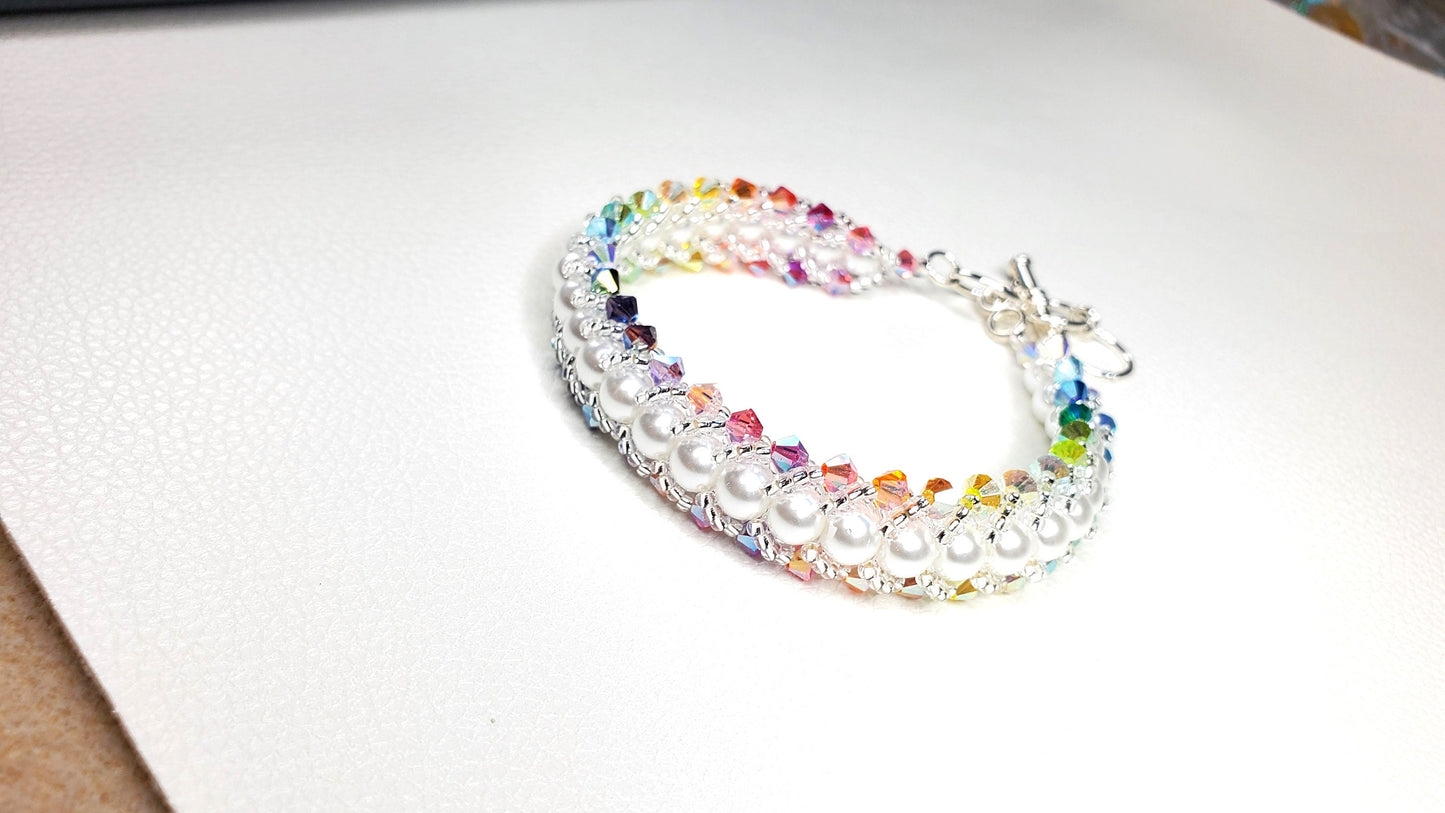 Multi Rainbow Preciosa Crystal and Glass Pearl Beaded Bracelet Flat Spiral Bracelet Wedding Bracelet