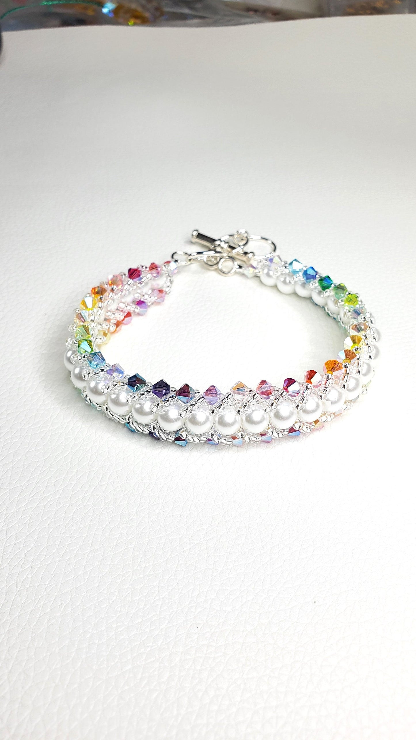 Multi Rainbow Preciosa Crystal and Glass Pearl Beaded Bracelet Flat Spiral Bracelet Wedding Bracelet