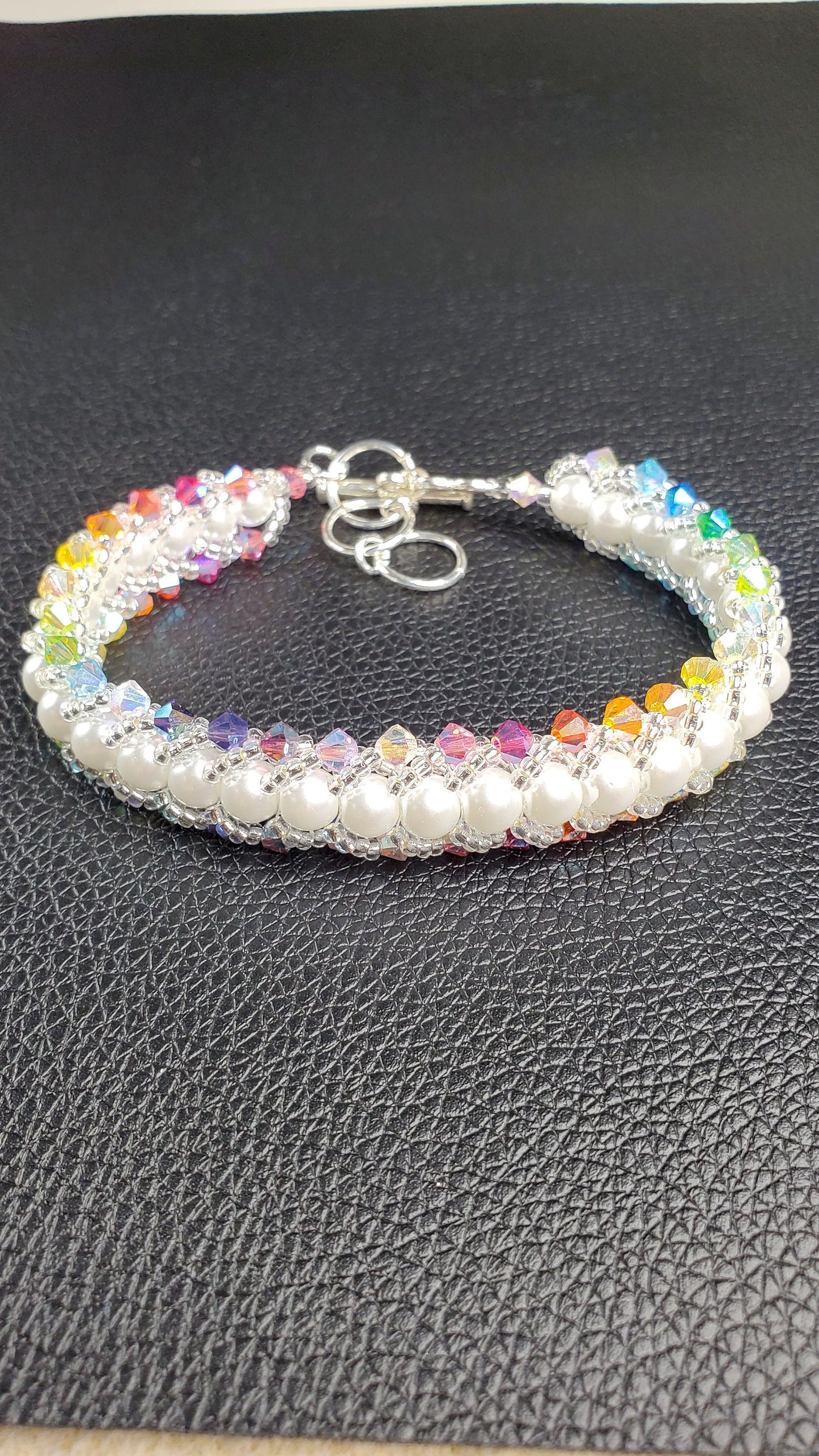 Multi Rainbow Preciosa Crystal and Glass Pearl Beaded Bracelet Flat Spiral Bracelet Wedding Bracelet