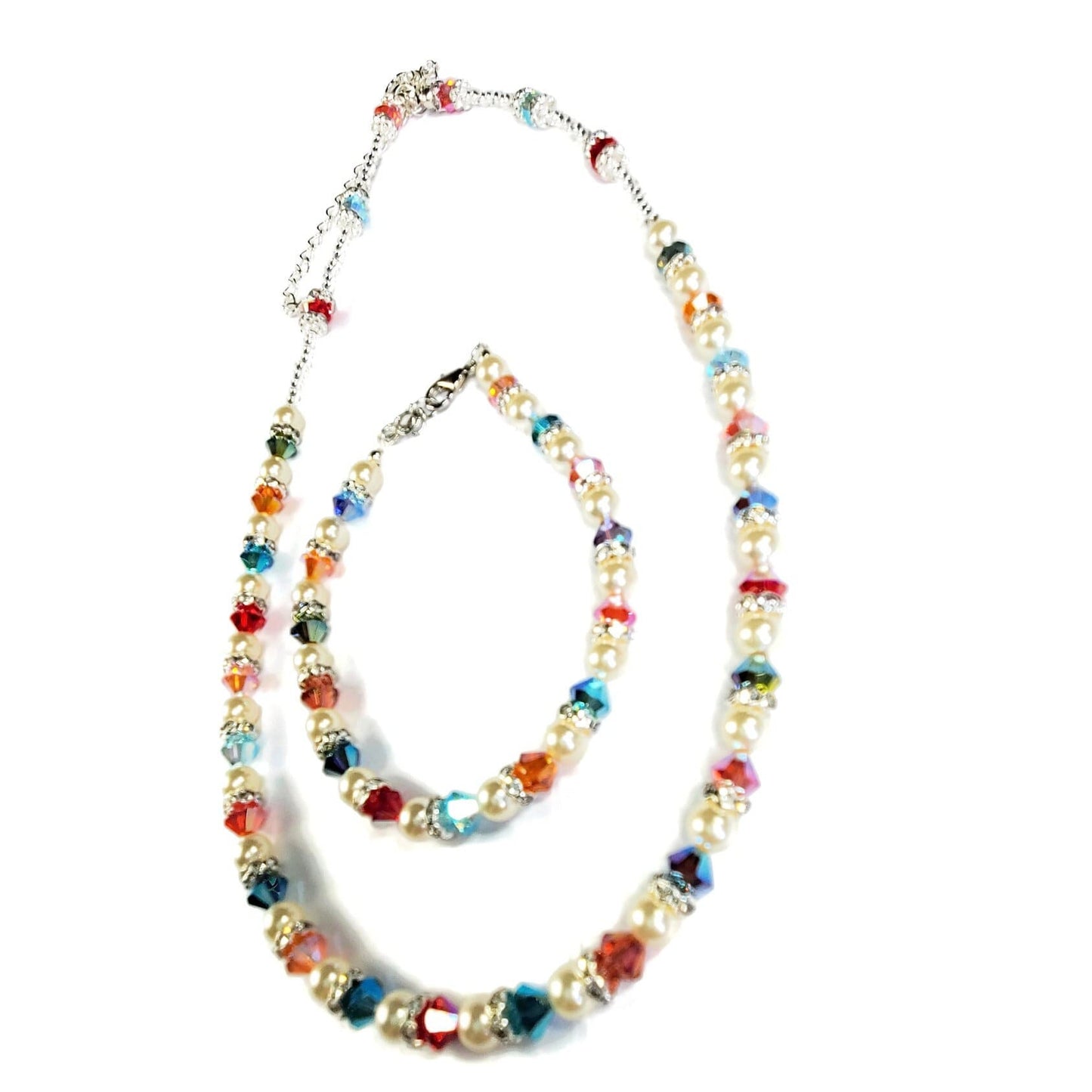 Multi Rainbow Color Crystal Beaded Pearl Necklace and Bracelet Set Wedding Jewelry