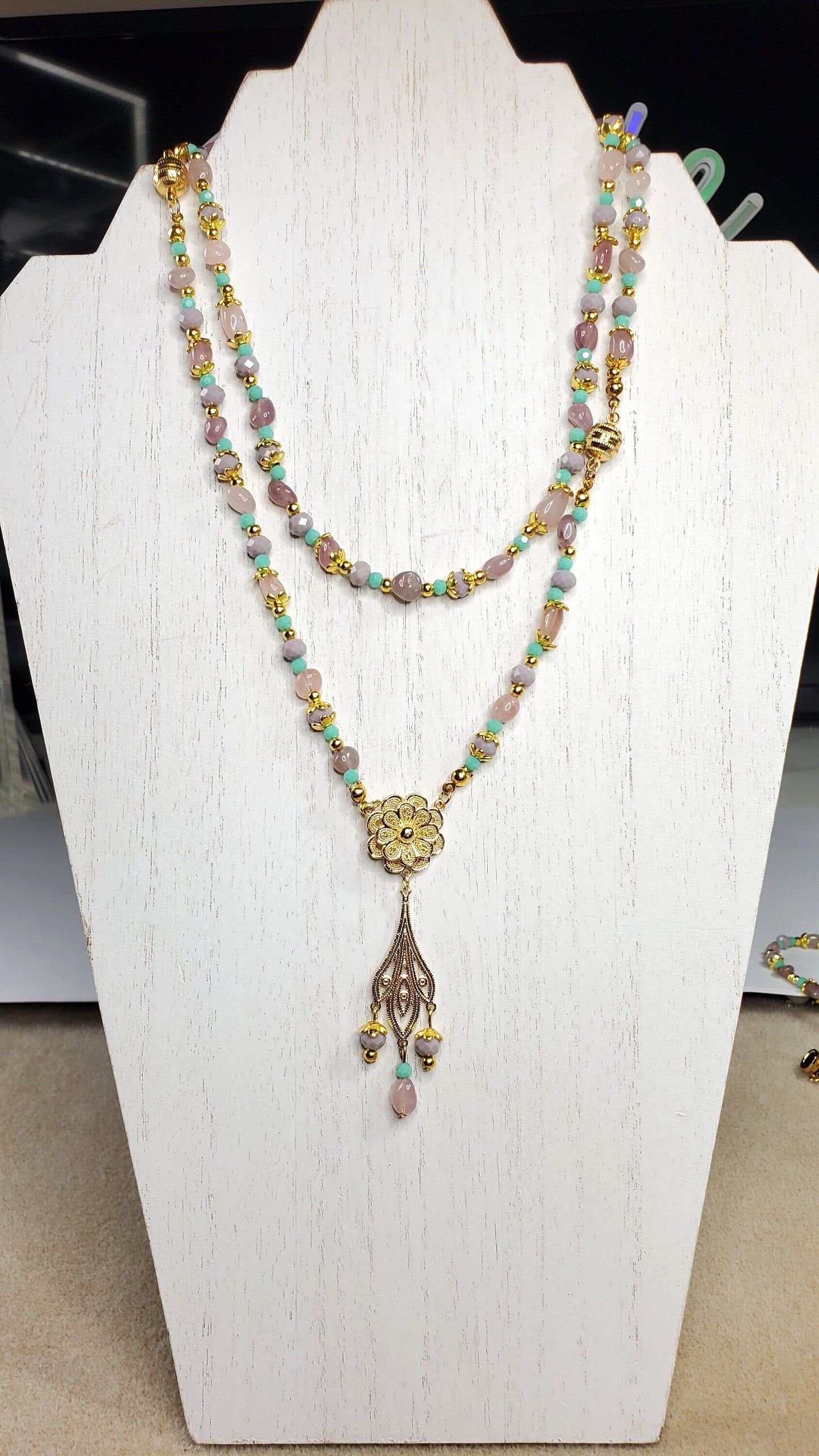 Rose Quartz Green Aventurine Magnetic Mix & Match Necklace/Bracelet  Five Way Necklace Set 18k Gold Plated Filigree Components
