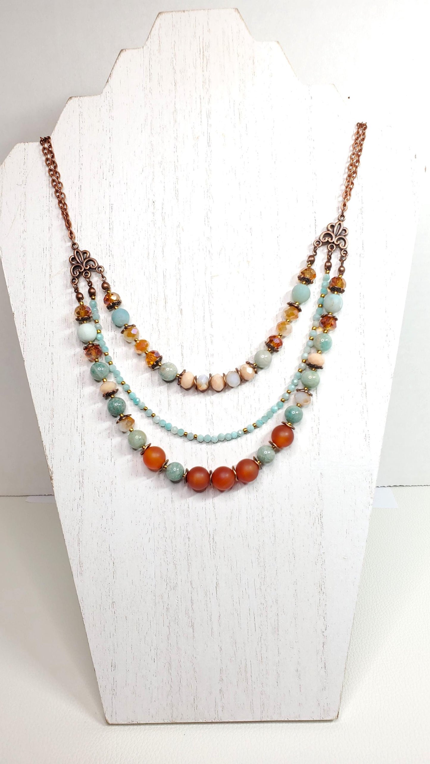 Three Strand Drop Double Chain Gemstone and Crystal Toggle Necklace Made With Amazonite Red Agate and Crystals