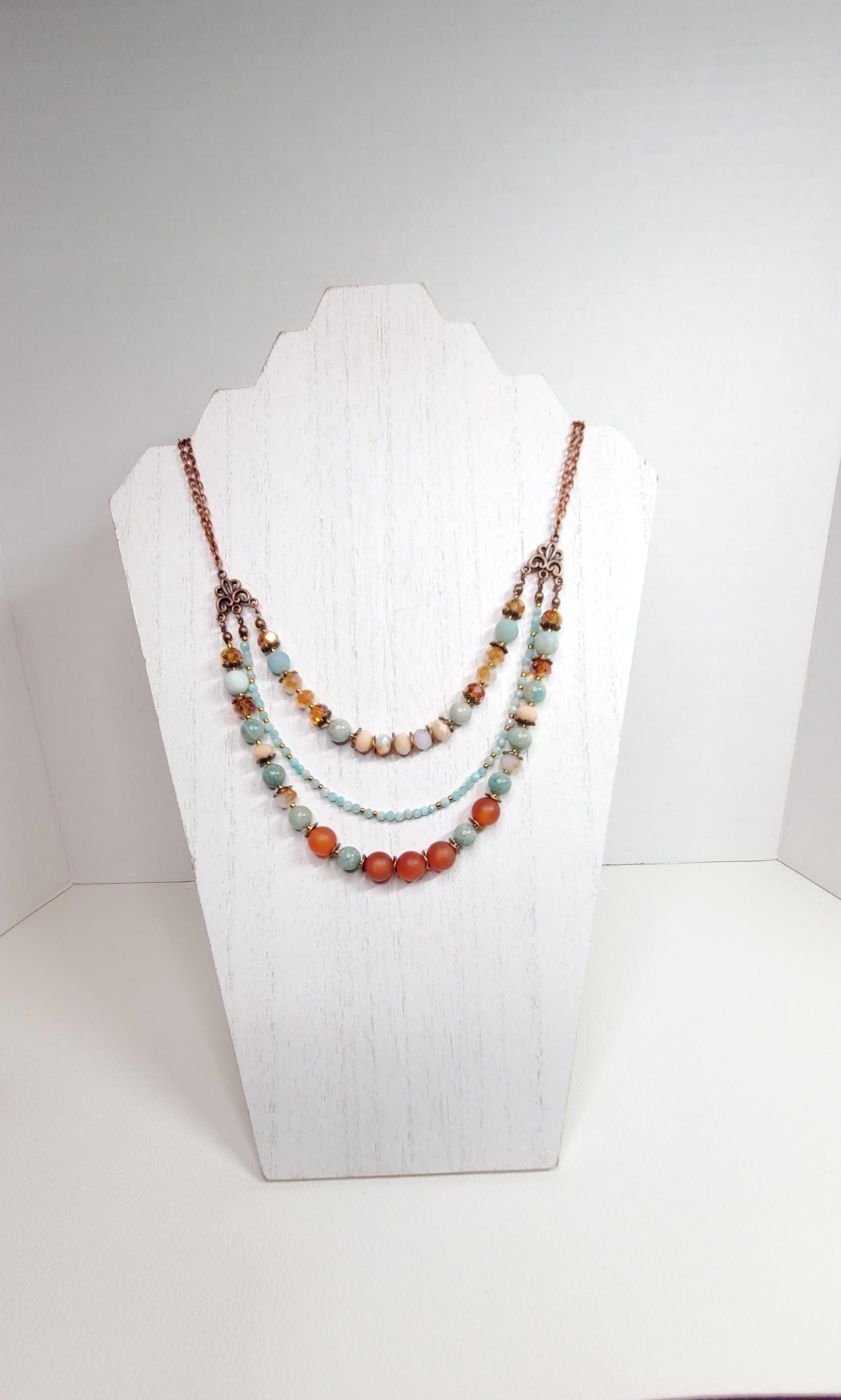 Three Strand Drop Double Chain Gemstone and Crystal Toggle Necklace Made With Amazonite Red Agate and Crystals