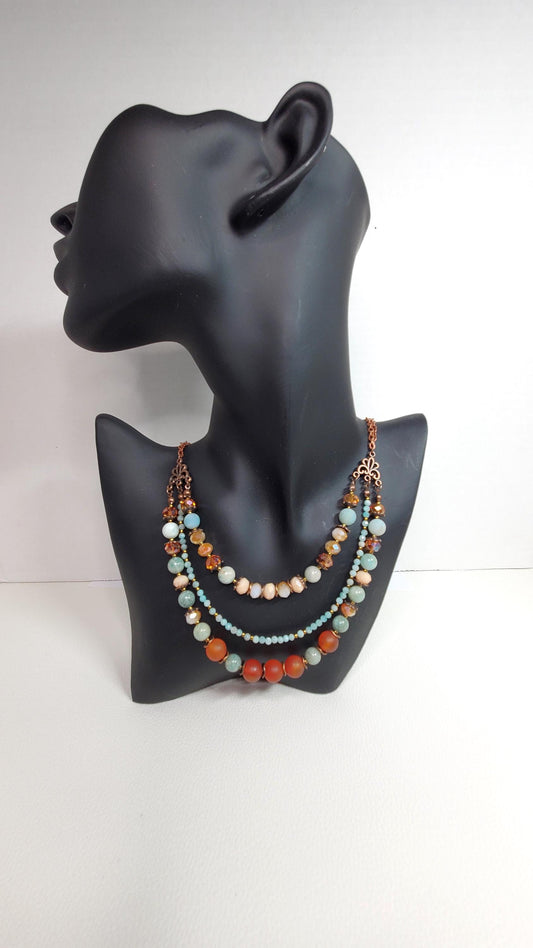 Three Strand Drop Double Chain Gemstone and Crystal Toggle Necklace Made With Amazonite Red Agate and Crystals