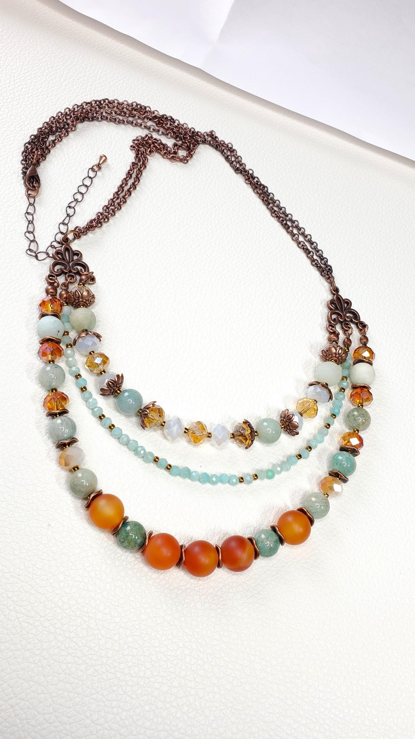 Three Strand Drop Double Chain Gemstone and Crystal Adjustable Necklace Made With Amazonite Red Agate and Crystals