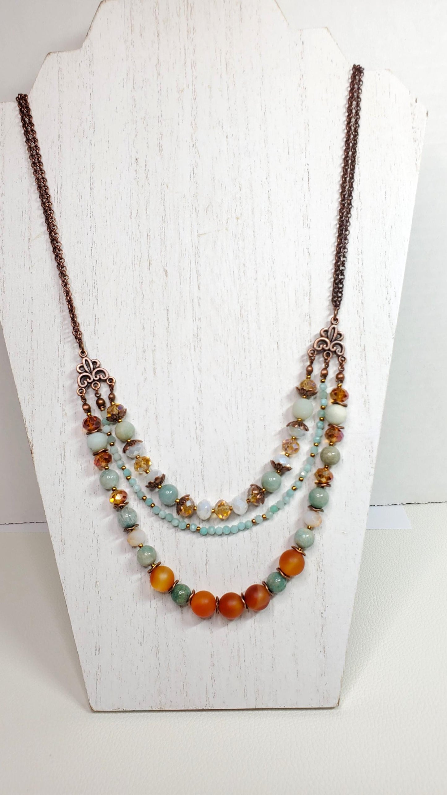 Three Strand Drop Double Chain Gemstone and Crystal Adjustable Necklace Made With Amazonite Red Agate and Crystals