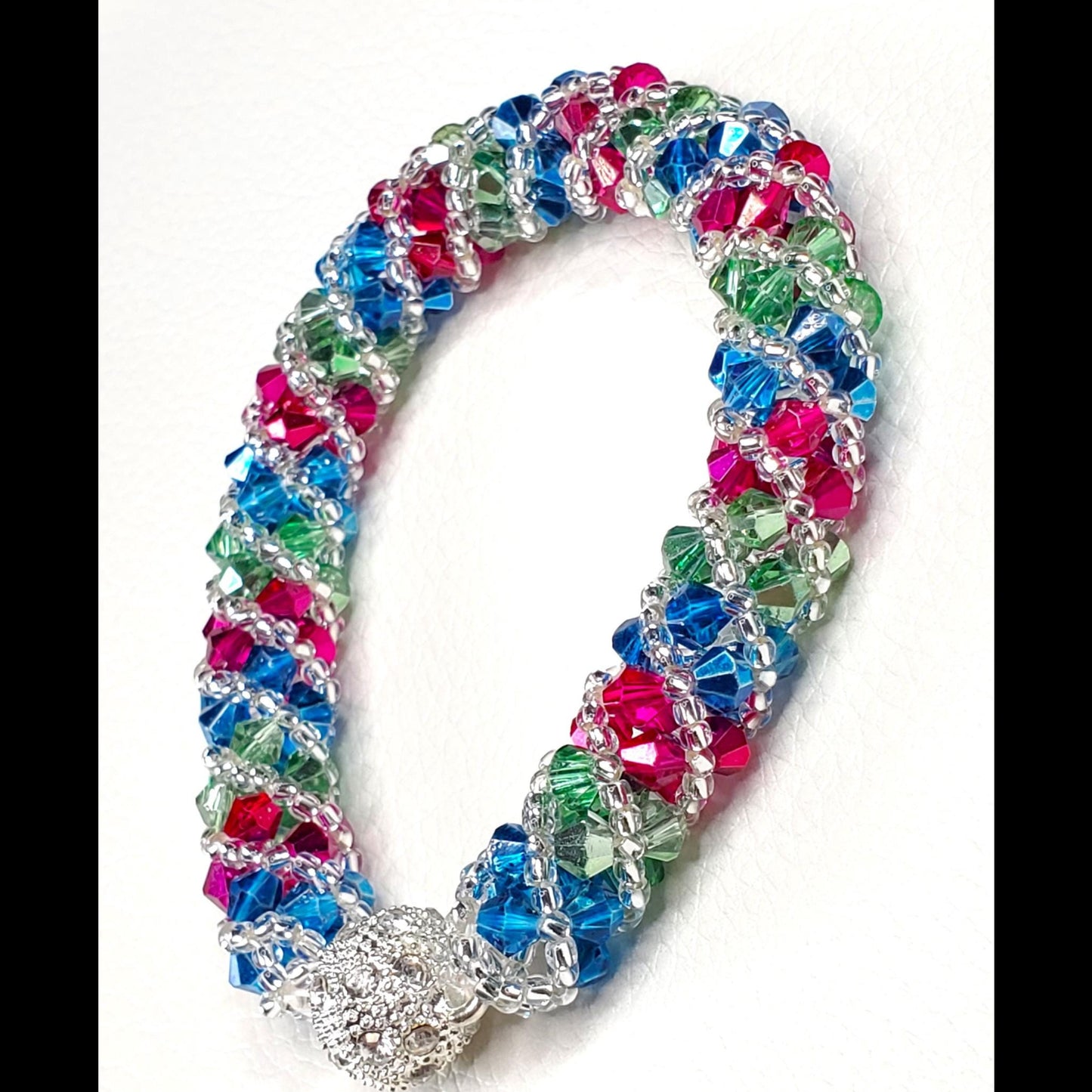 Crystal Beaded Bracelet, Fuschia, Green, Blue Spiral Bracelet