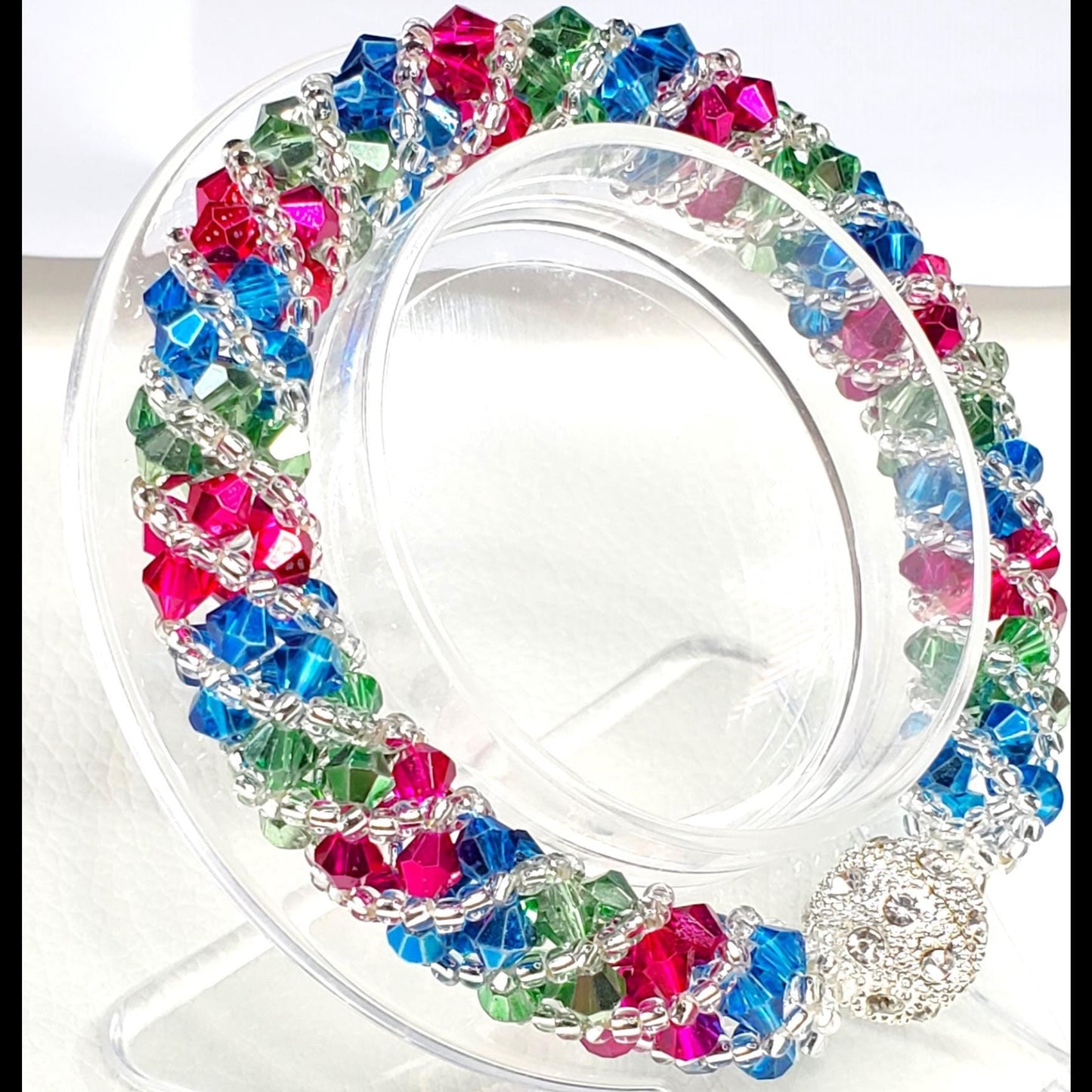 Crystal Beaded Bracelet, Fuschia, Green, Blue Spiral Bracelet