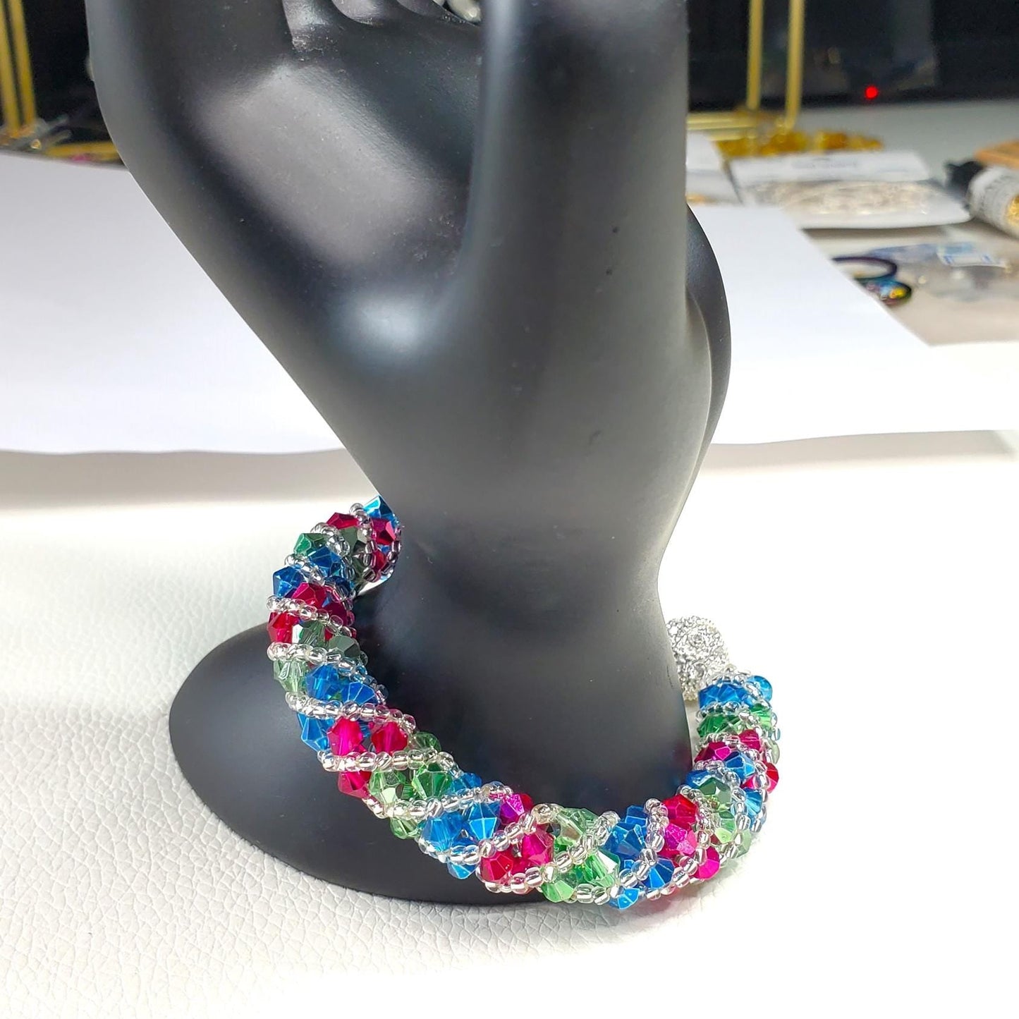 Crystal Beaded Bracelet, Fuschia, Green, Blue Spiral Bracelet