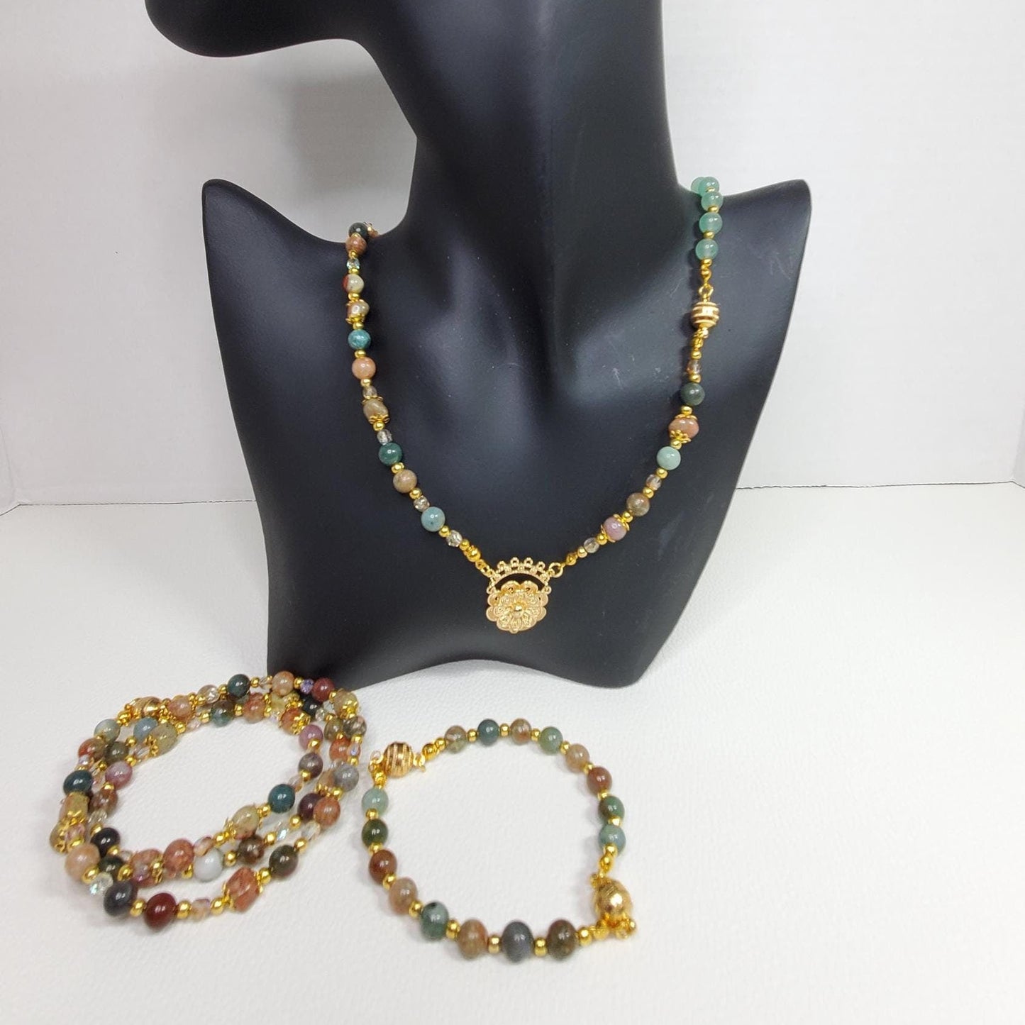 Jasper and Green Aventurine Magnetic Mix & Match Necklace/Bracelet  Five Way Necklace Set 18k Gold Plated Filigree Components