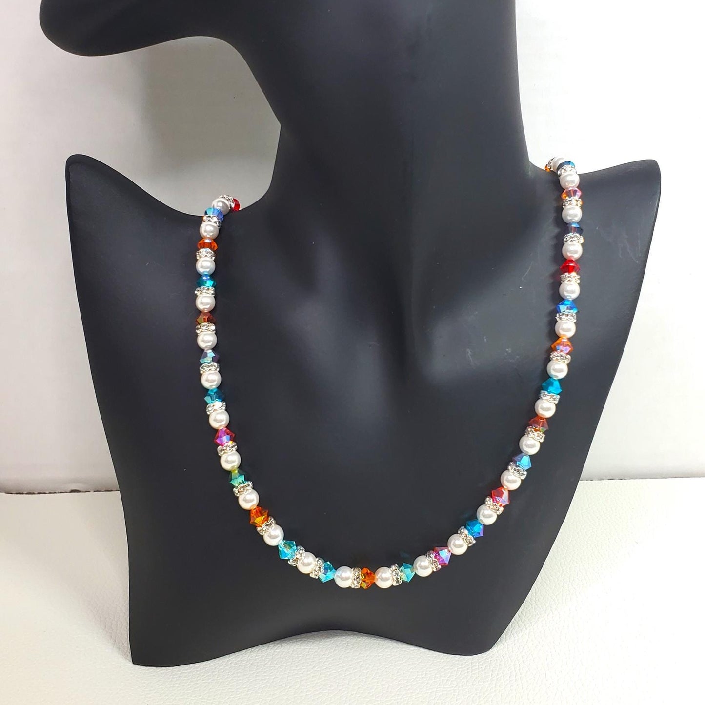 Pearl and Crystal Necklace Multi Rainbow Color Crystal Beaded Pearl Necklace and Bracelet Set Wedding Jewelry