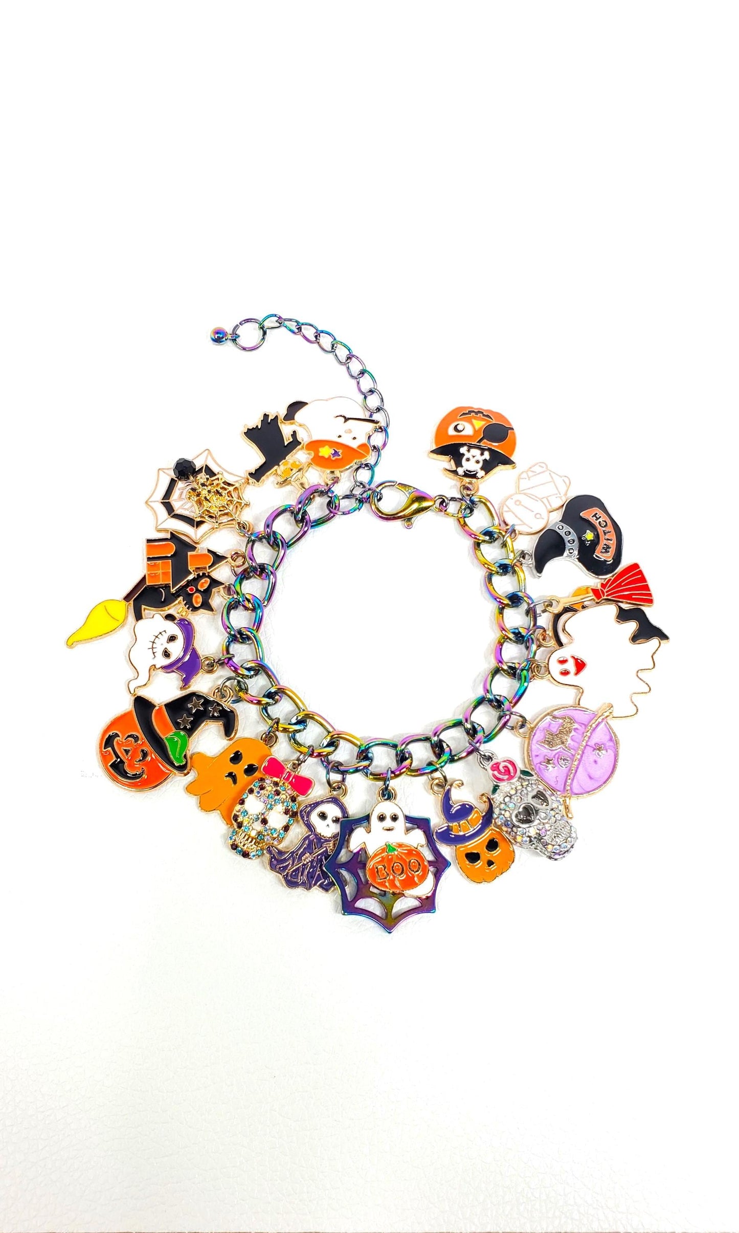 Halloween Charm Bracelet, Pumpkins, Ghost, Spider Webs, Cat, Moon, Crystals